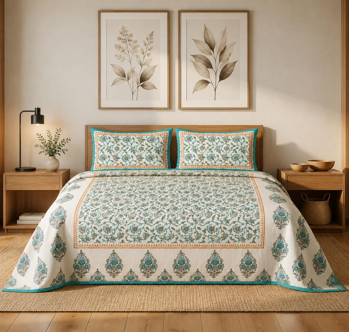 JAIPUR PRINTS King Size Bedsheet |100% Cotton Flat Sheet King Size with Two Pillow Covers| Super Soft Bed Sheet for King Size Be