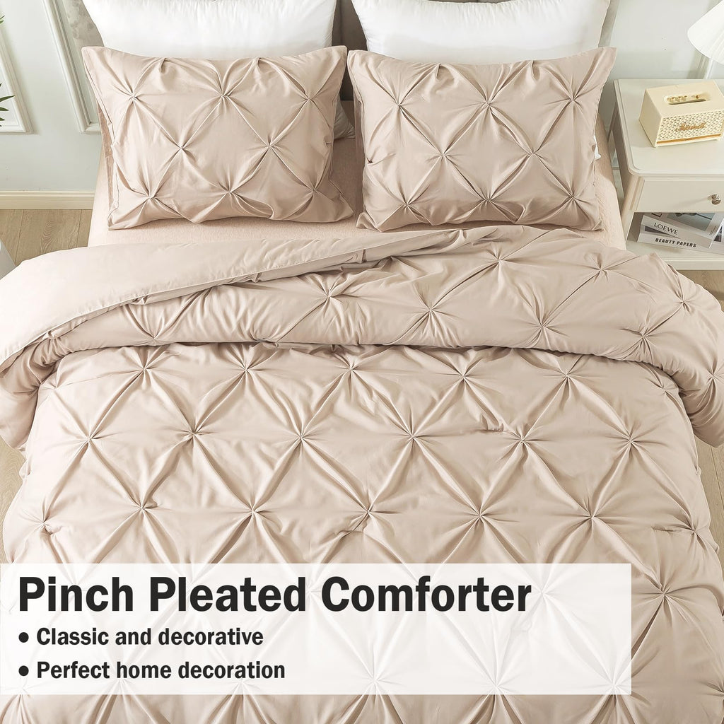 Andency Wheat Comforter Full Size, 3 Pieces Lightweight Pinch Pleat Comforter Sets For Full Bed, Soft Microfiber Bedding Comforter Set(1 Pintuck Comforter And 2 Pillowcases)