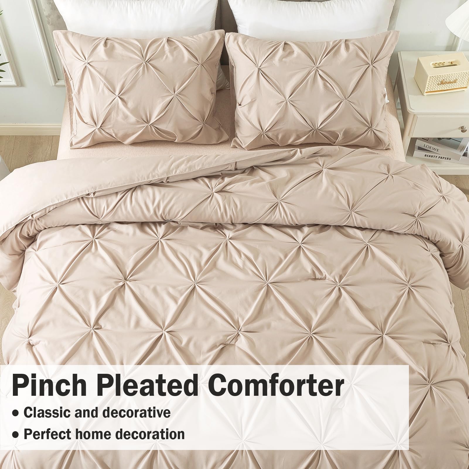 Andency Wheat Comforter Full Size, 3 Pieces Lightweight Pinch Pleat Comforter Sets For Full Bed, Soft Microfiber Bedding Comforter Set(1 Pintuck Comforter And 2 Pillowcases)