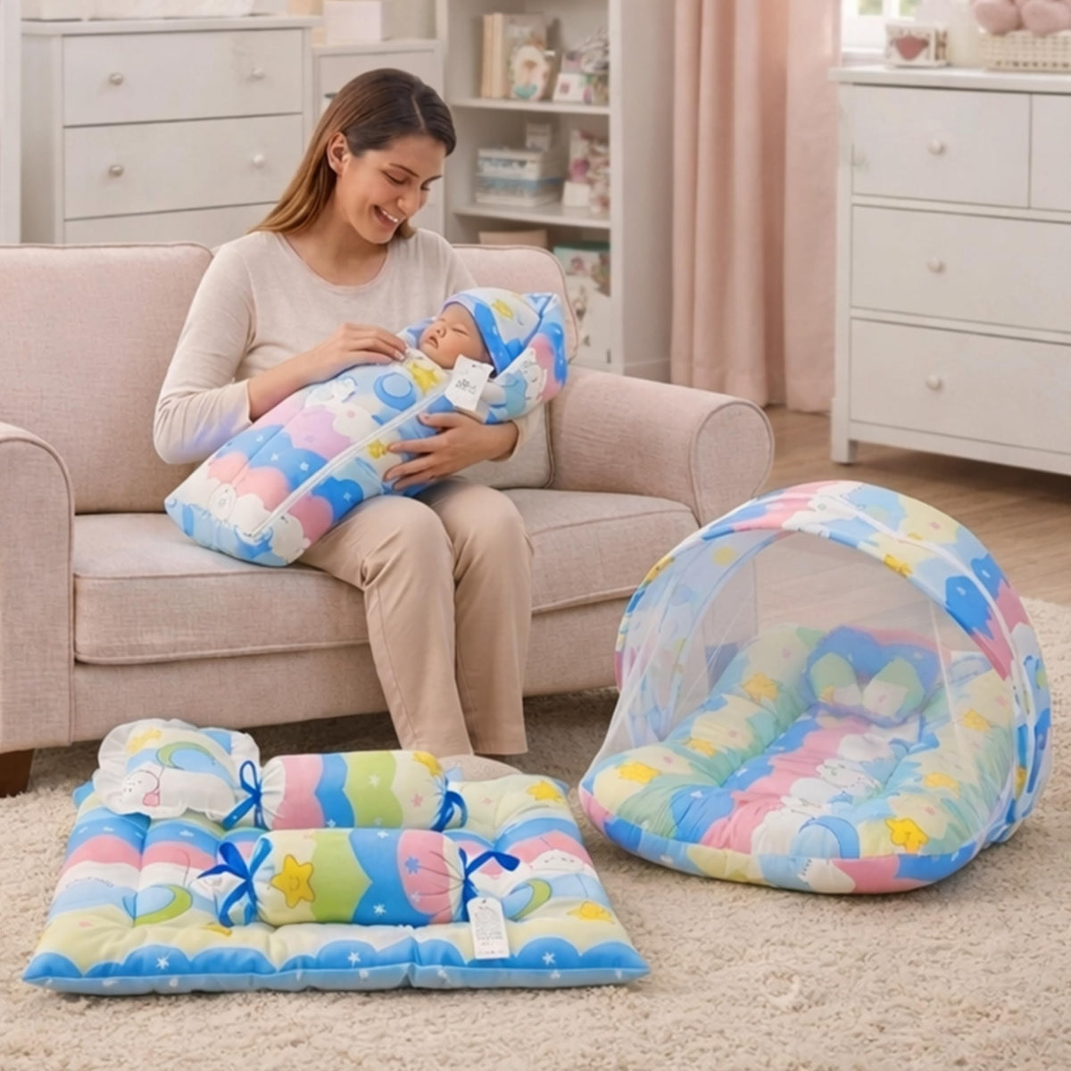 Fareto Combo Of Baby Bed With Net | Carry Bag | 4 Pcs Bedding Set (06 Months, Baby Size, Cotton) (Blue New Star)