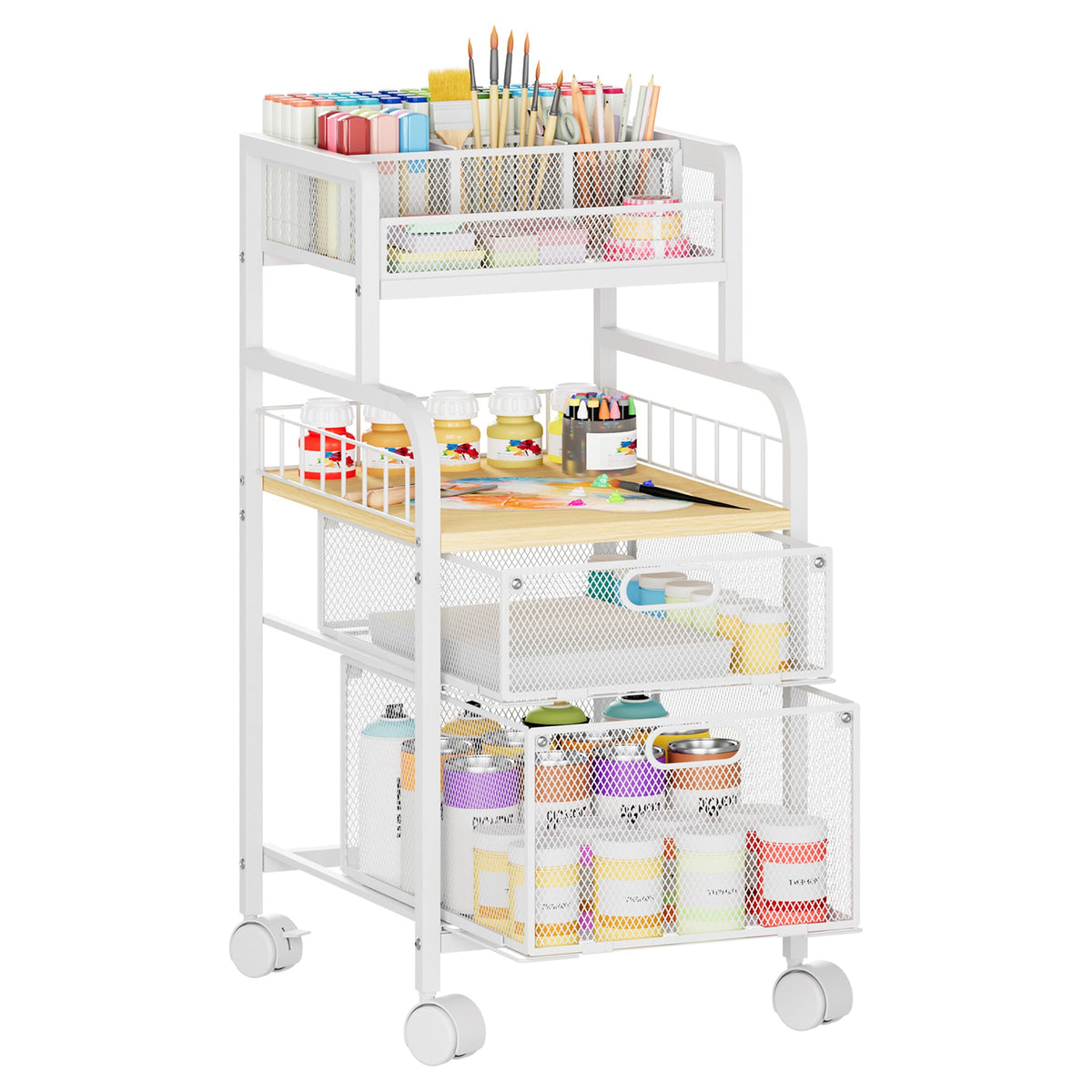 SWTYMIKI Rolling Cart with Drawers  Metal Craft Cart with Wheels, DIY Divider and Wood Shelf, Art Supply Organizer for Under De
