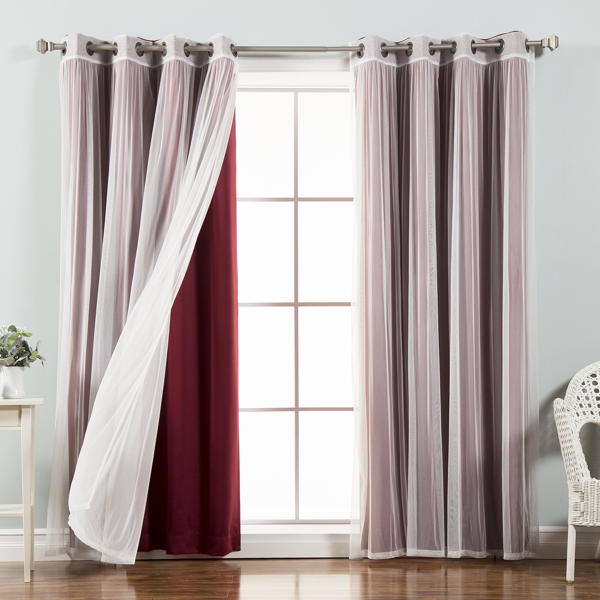 Best Home Fashion Umixm Tulle Sheer Lace & Blackout 4 Piece Curtain Set - Antique Bronze Grommet Top - Burgundy - 52' W X 96'