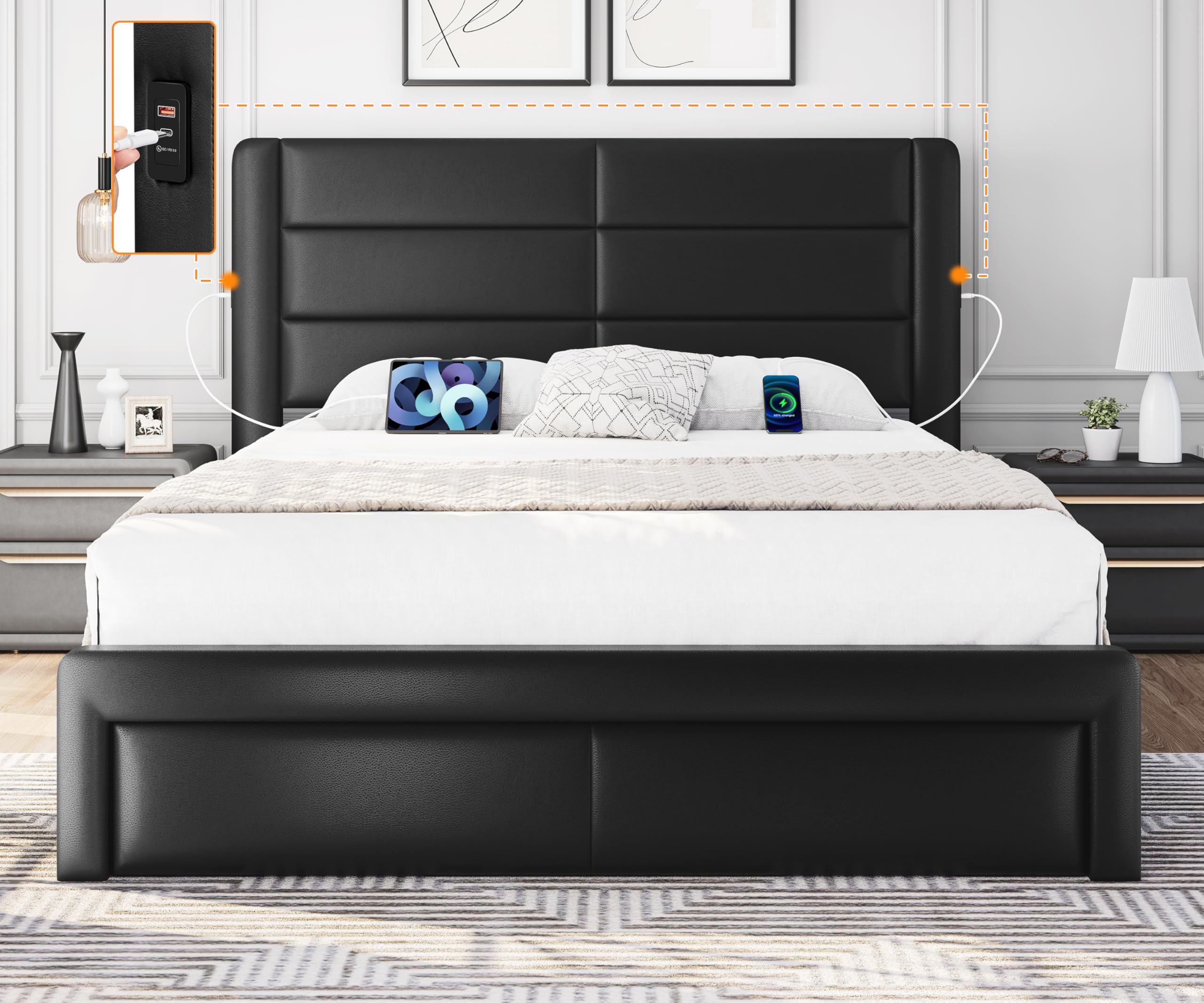Yaheetech Queen Size Bed Frame with 2 USB Charging Station/Port for Type A&Type C/3 Storage Drawers, Leather Upholstered Platfor