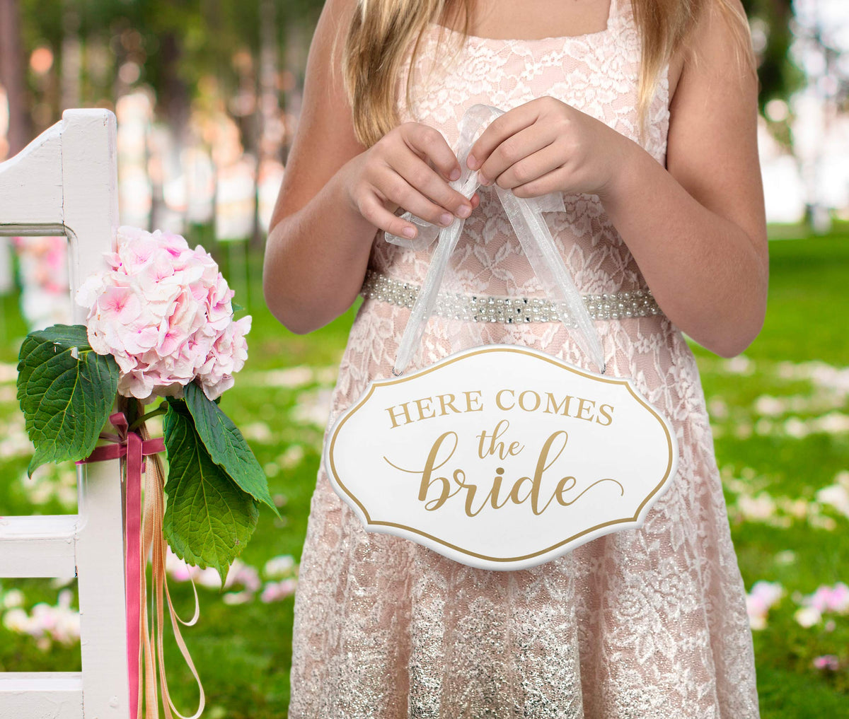 Lillian Rose Comes The Bride Flower Girl Ring Bearer Sign, 11'X7', White