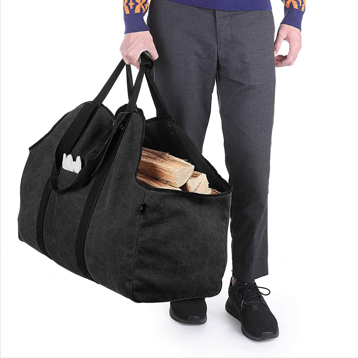 Bonthee Extra Large Waterproof Firewood Log Carrier Canvas Firewood Holder Indoor With Shoulder Strap And Top Handles Contained