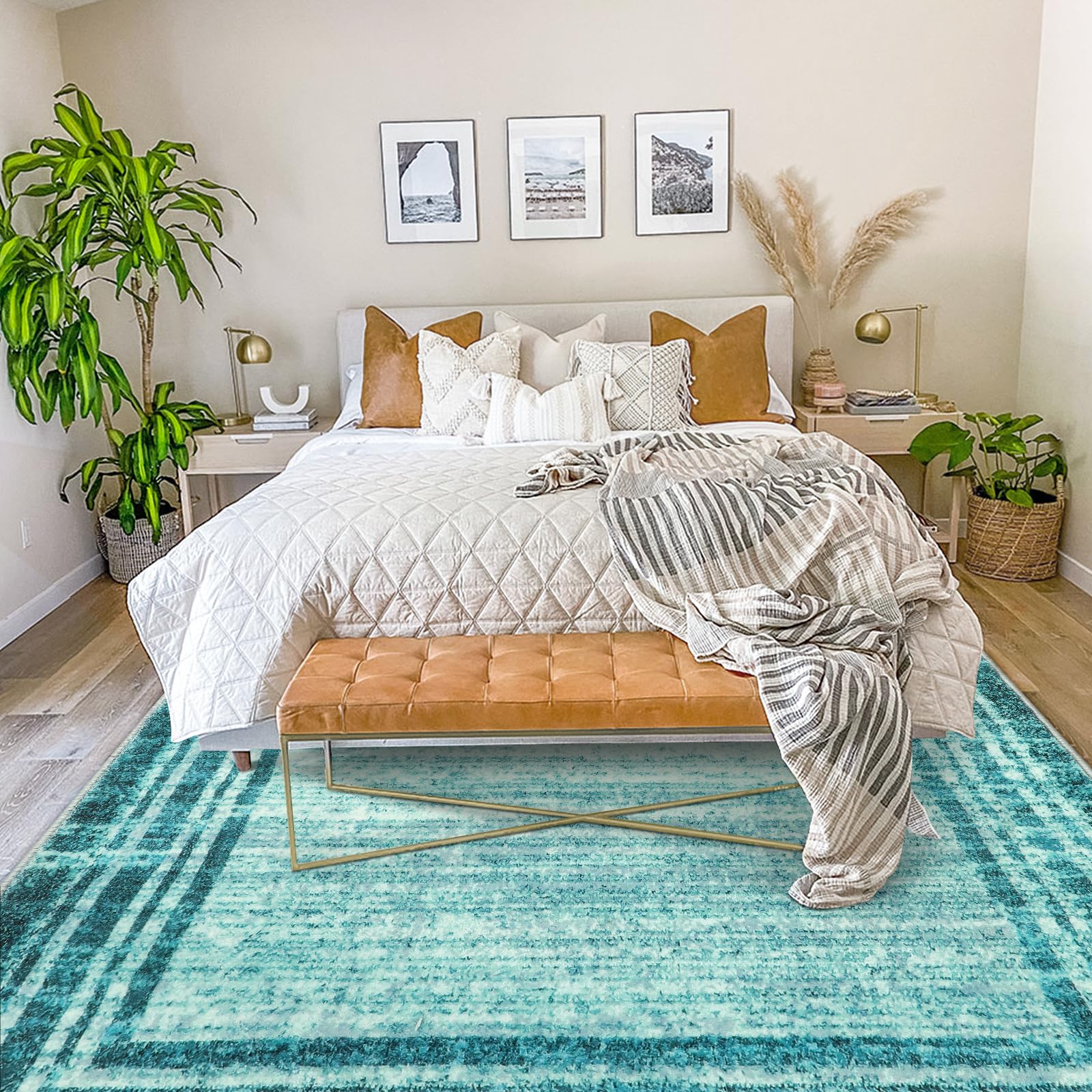 Lahome Abstract Teal Bedroom Rug 8x10,Washable Modern 8x10 Area Rugs for Living Room Non-Slip,Low-Pile Soft Dining Room Carpet M