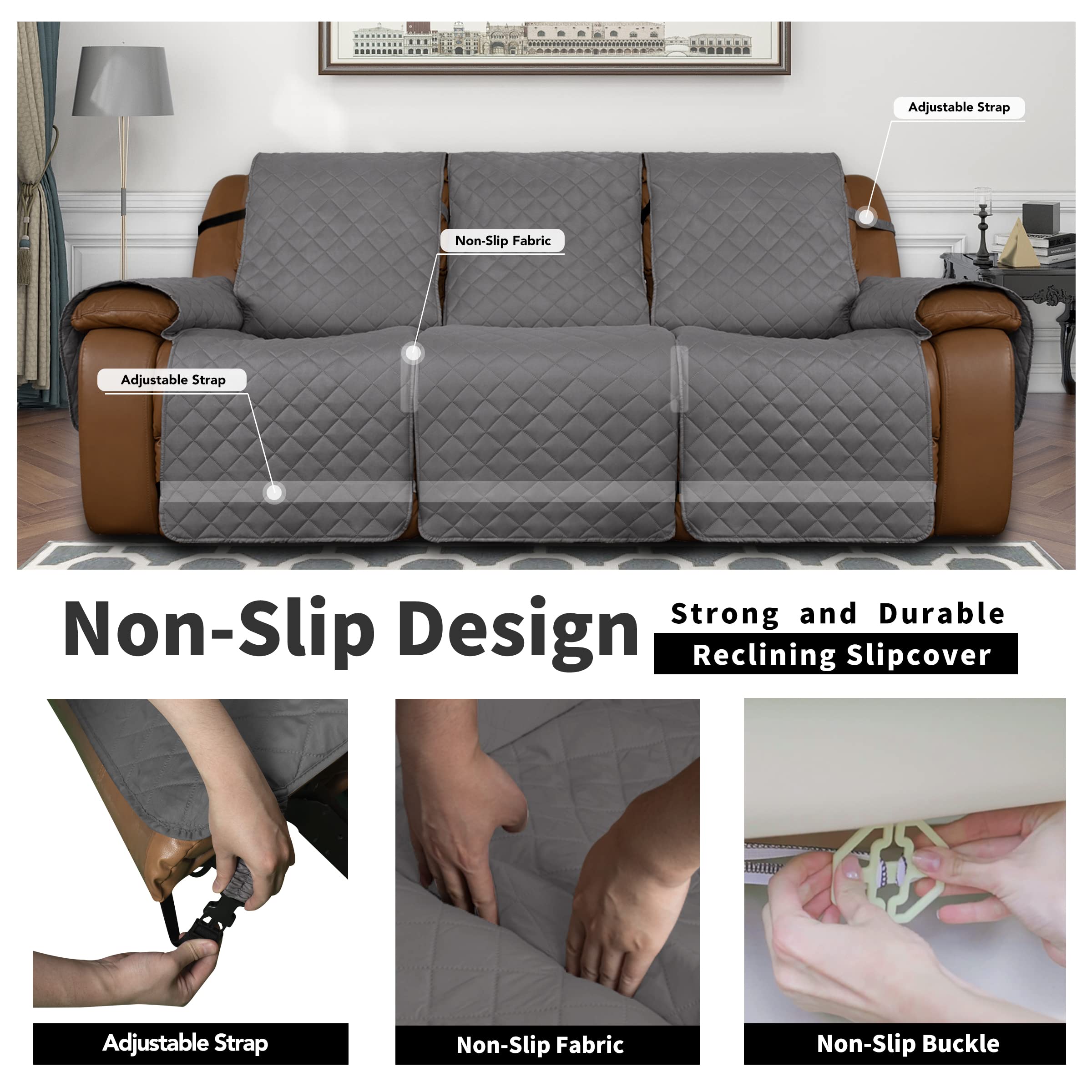 Easy-Going Oversized Recliner Sofa Cover, Reversible Couch Cover For 3 Seat Recliner, Split Sofa Cover For Each Seat With Elastic Straps For Kids, Dogs, Pets (3 Seater, Gray/Gray)