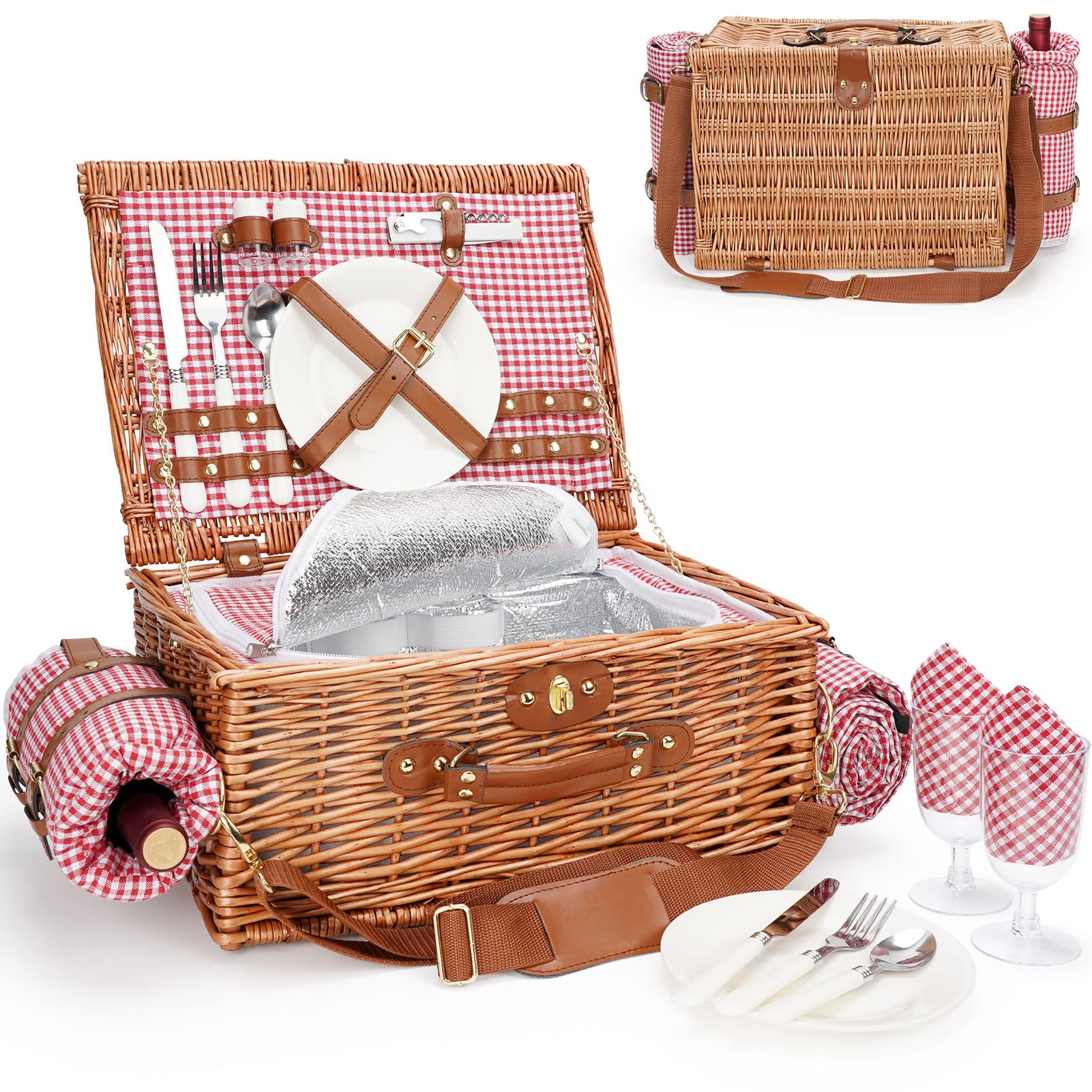 Picnic Basket For 2, Picnic Baskets With Waterproof Blanket, Picnic Hamper Set With Washable Beach Mat & Large Insulated Cooler