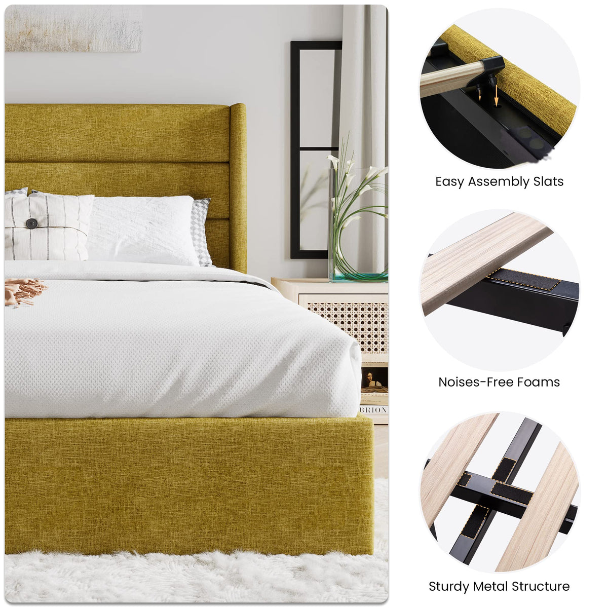 Sha Cerlin King Size Lift Up Storage Bed/Modern Wingback Headboard/Upholstered Platform Bed Frame/Hydraulic Storage/No Box Spring Needed/Wood Slats Support/Olive Yellow
