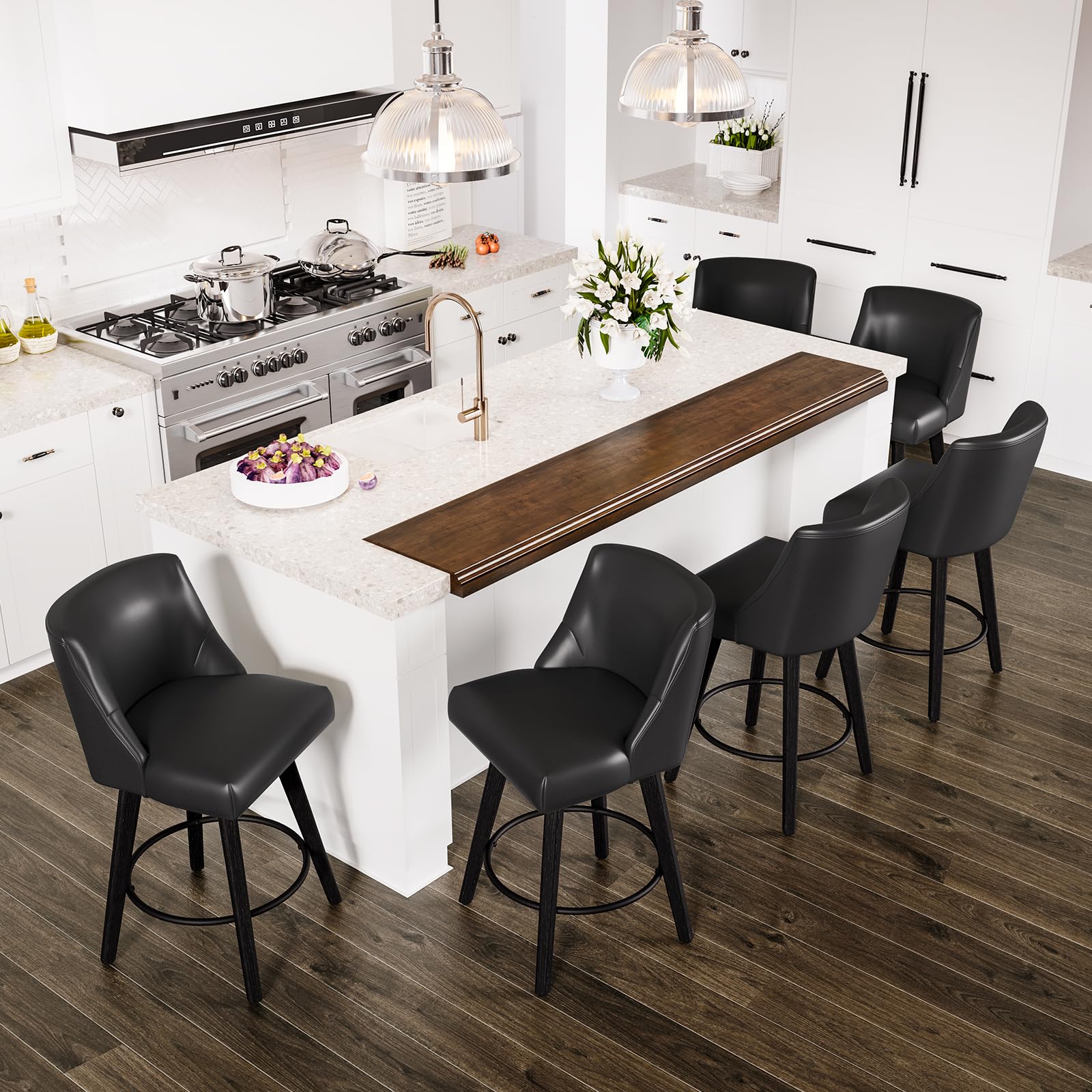 AMICLIBER Counter Height Swivel Bar Stools Set of 6, 26 Inch Bar Stools with Footrest, Faux Leather Upholstered Barstools with B