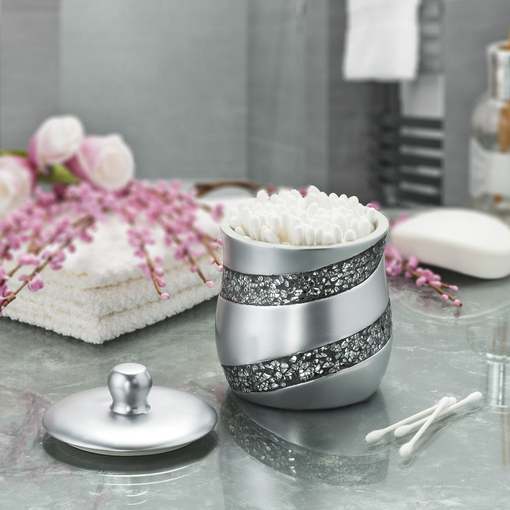 Creative Scents Silver Mosaic Qtip Holder - Decorative Cotton Ball Jar - Durable Resin Cotton Swab Dispenser - Beautiful Bathroo
