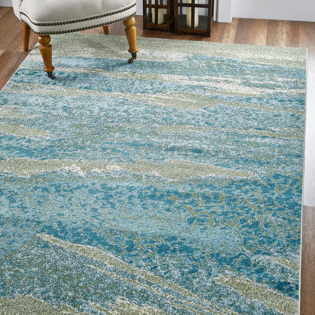 HomeRoots Heat-Set Polypropelene 7’ x 10’ Blue Sage Impressionistic Ocean Area Rug