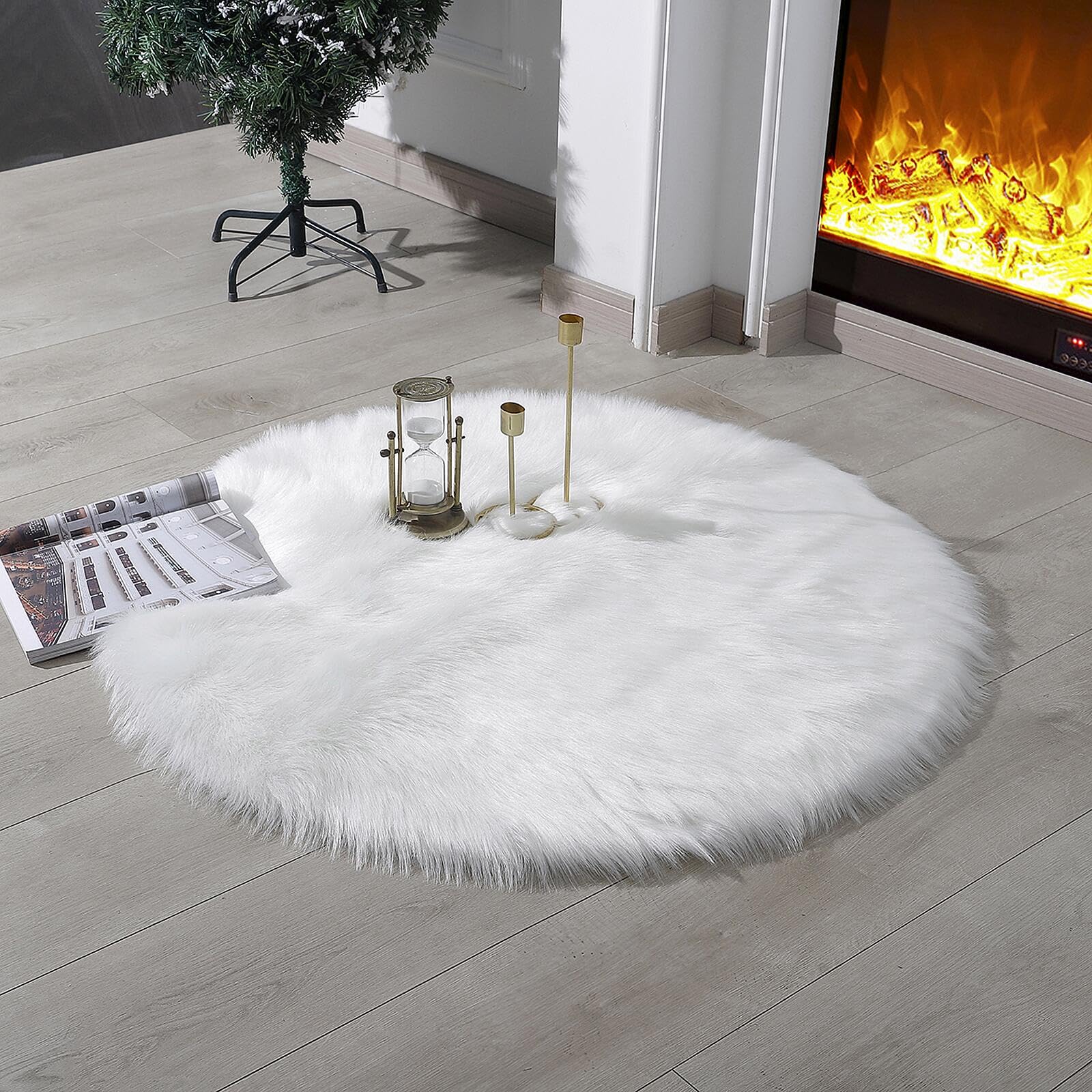 linmopm Faux Fur Rug Sheepskin Shag Fluffy Fuzzy White 3x3 ft Rugs for Bedroom Bedside Bed Floor Living Room Plush Round High-De
