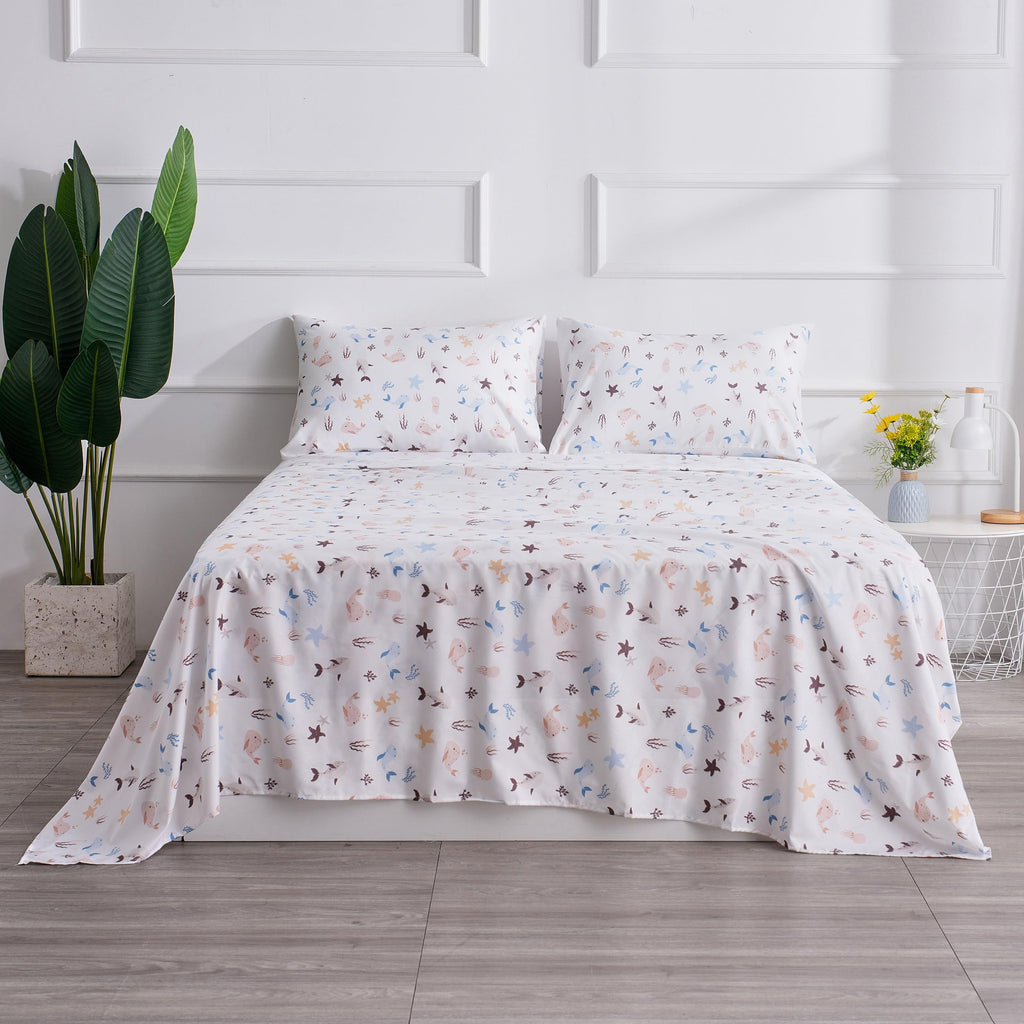 Sea Animal Queen Sheets Fish Whale Underwater World Cute Cozy Fun Queen Bed Sheet Set For Kids Girls Boys Children - Kids Bed Sheet Collection - Deep Pocket, Wrinkle Free And Soft Bedding - 4Pc