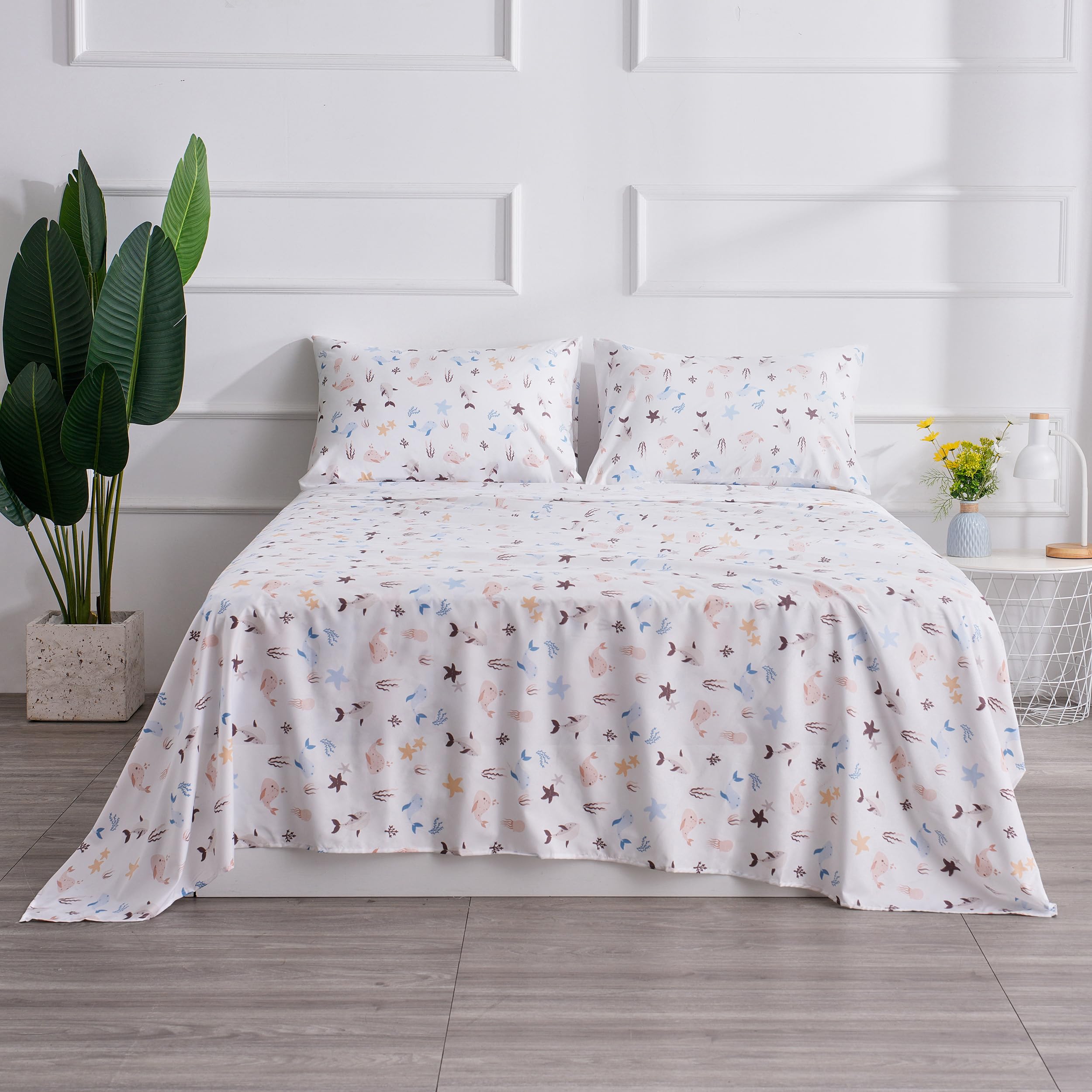 Sea Animal Queen Sheets Fish Whale Underwater World Cute Cozy Fun Queen Bed Sheet Set For Kids Girls Boys Children - Kids Bed Sheet Collection - Deep Pocket, Wrinkle Free And Soft Bedding - 4Pc