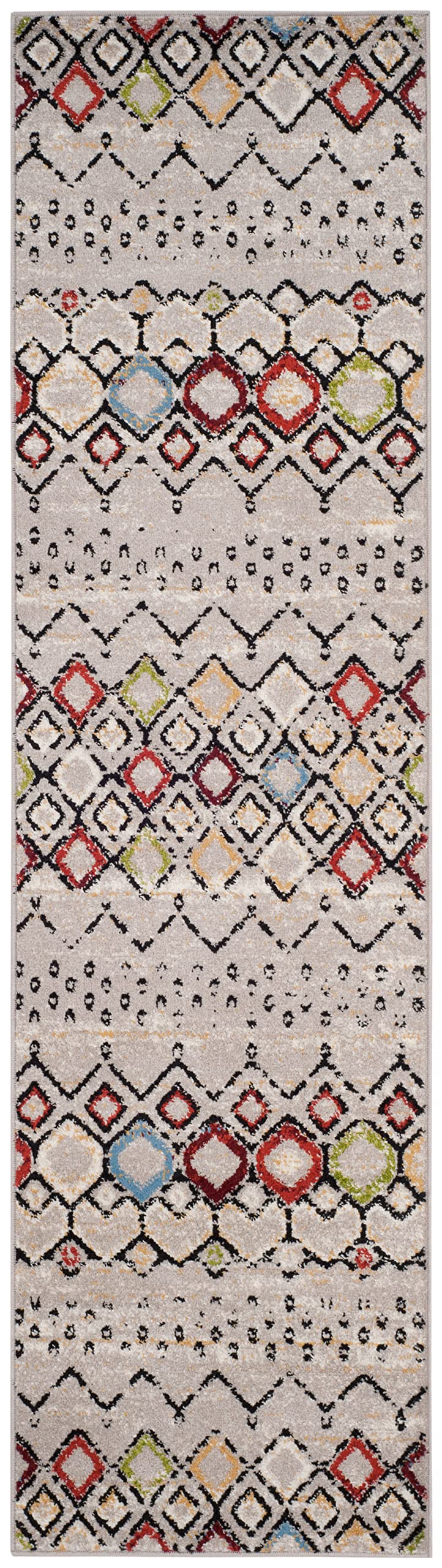Safavieh Amsterdam Collection Runner Rug - 2'3'' X 10', Light Grey & Multi, Moroccan Boho Design, Non-Shedding & Easy Care, Idea