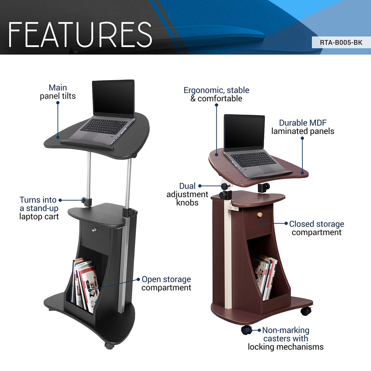 Techni Mobili Sit-to-Stand Mobile Medical Laptop Computer Cart, Black, Adjustable Height, B005
