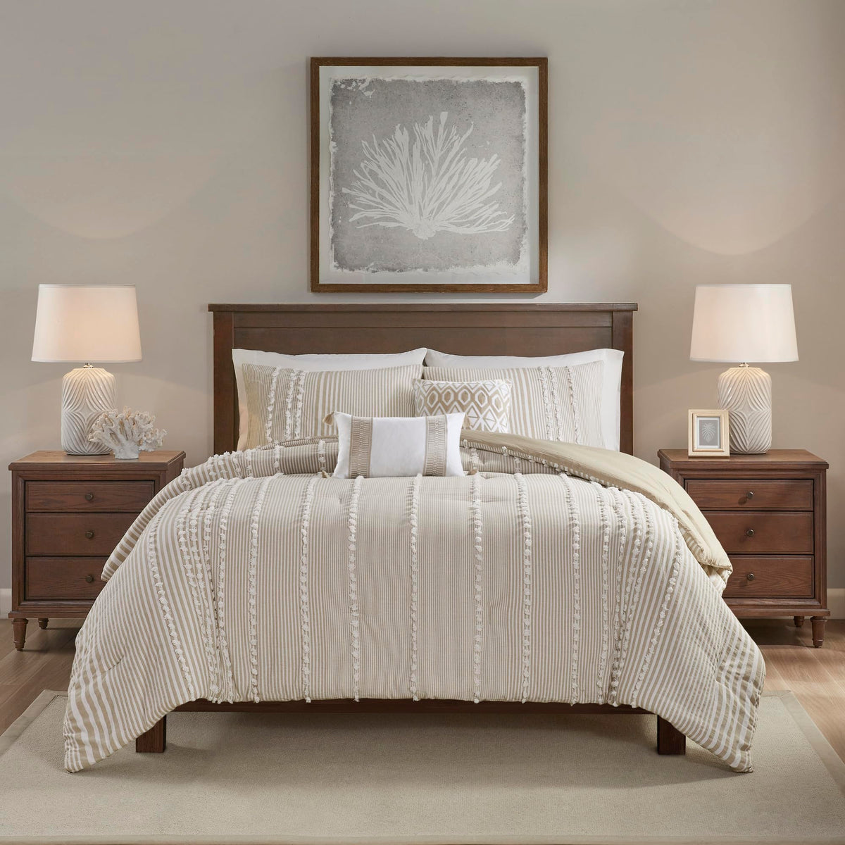 Harbor House Cotton Comforter Set - Trendy Tufted Textured Design, All Season Down Alternative Cozy Bedding With Matching Shams, Anslee Pom Pom Taupe King/Cal King(110'X96') 3 Piece