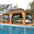 Erommy 12' X 22' Gazebo, Wooden Finish Coated Aluminum Frame Canopy With Double Galvanized Steel Hardtop Roof, Outdoor Permanent