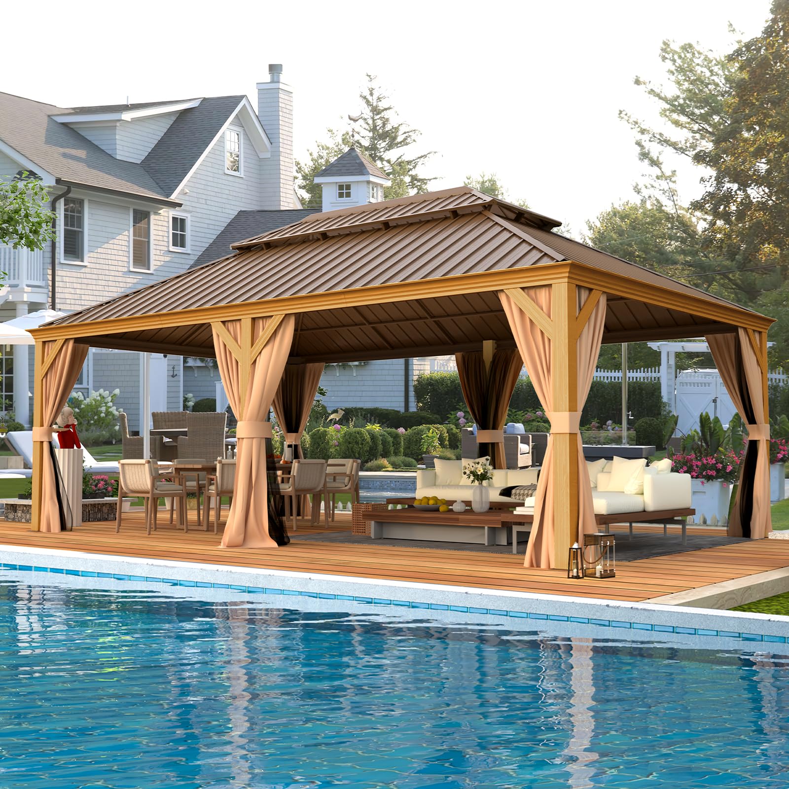 Erommy 12' X 22' Gazebo, Wooden Finish Coated Aluminum Frame Canopy With Double Galvanized Steel Hardtop Roof, Outdoor Permanent