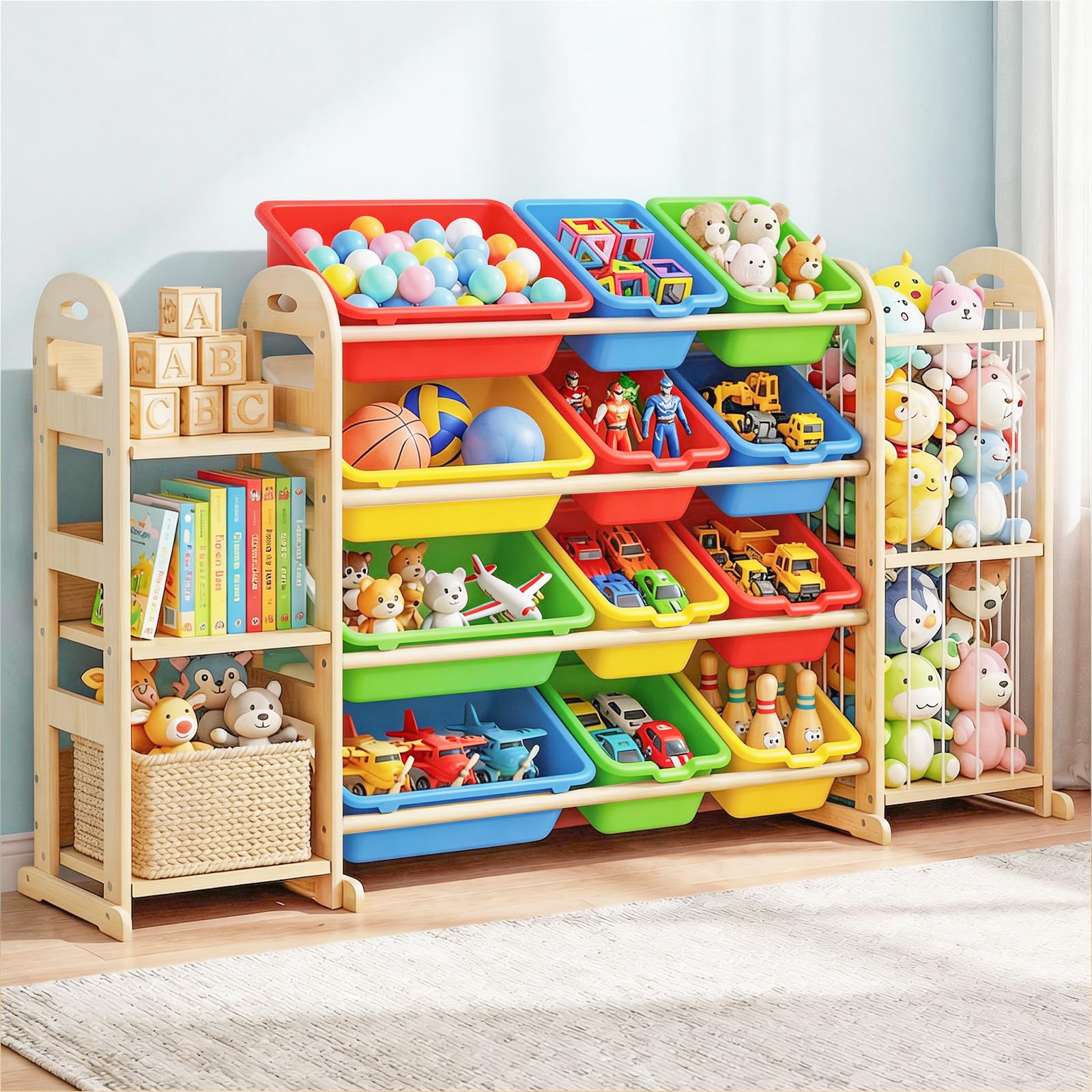 Kids Toy Storage Organizer, Toy Organizers and Storage with Stuffed Animal Storage, Toy Storage Shelf with 3 Shelves, 12 Storage