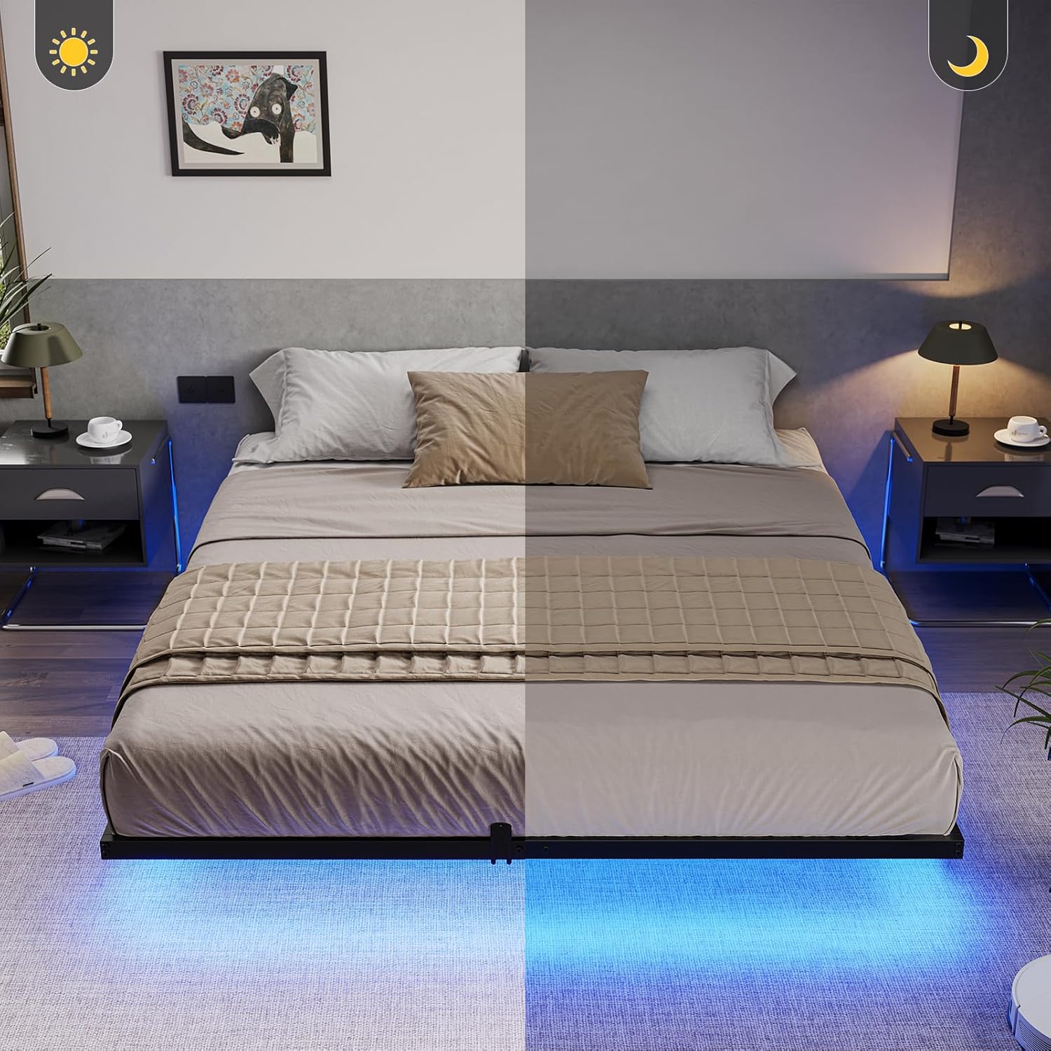 Hasuit Floating Bed Frame Queen Size With Led Lights, Metal Platform Queen Bed, No Box Spring Needed, Easy To Assemble (Queen)