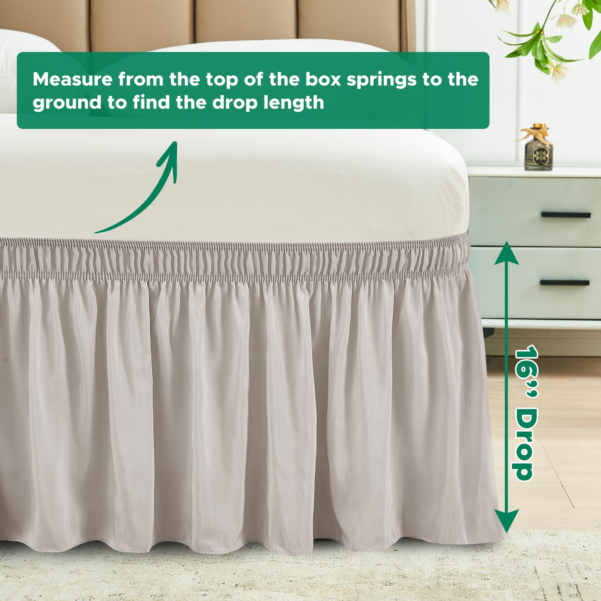 Biscaynebay Wrap Around Bed Skirts For King & Cal King Beds 16' Drop, Camel Grey Adjustable Elastic Dust Ruffles Easy Fit Wrinkle Resistant Silky Luxurious Fabric Machine Washable