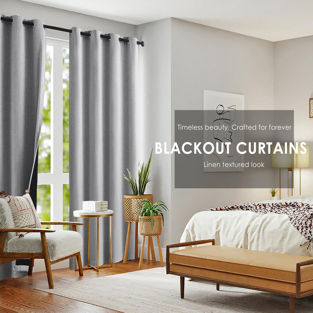 Grey Full Blackout Linen Curtains For Bedroom 84-Inch-Long Thermal Insulated Noise Reducing Window Treatment Set Of 2 Rustic Far