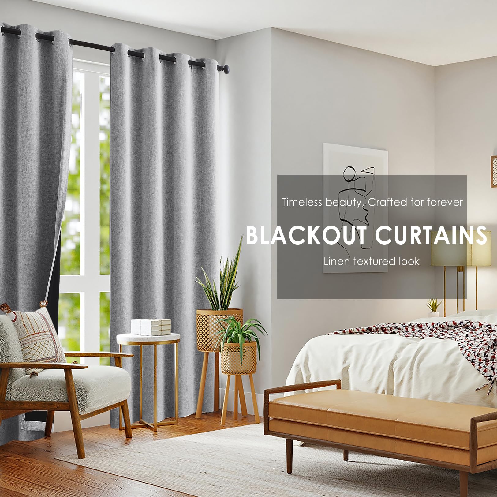 Grey Full Blackout Linen Curtains For Bedroom 84-Inch-Long Thermal Insulated Noise Reducing Window Treatment Set Of 2 Rustic Far