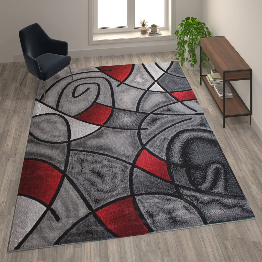 Flash Furniture Jubilee Collection Abstract Area Rug - Colorfast Red Olefin Rug - 8' X 10' Area Rug - Jute Backing - Living Room, Bedroom, & Family Room