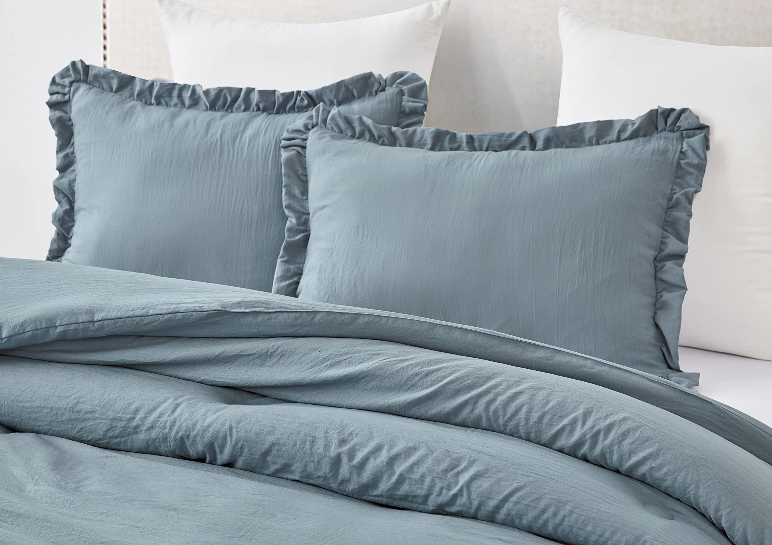 Chezmoi Collection Nora 3-Piece Ruffled Edge Trim Soft Washed Microfiber Comforter Set (Oversized King, Dusty Blue)