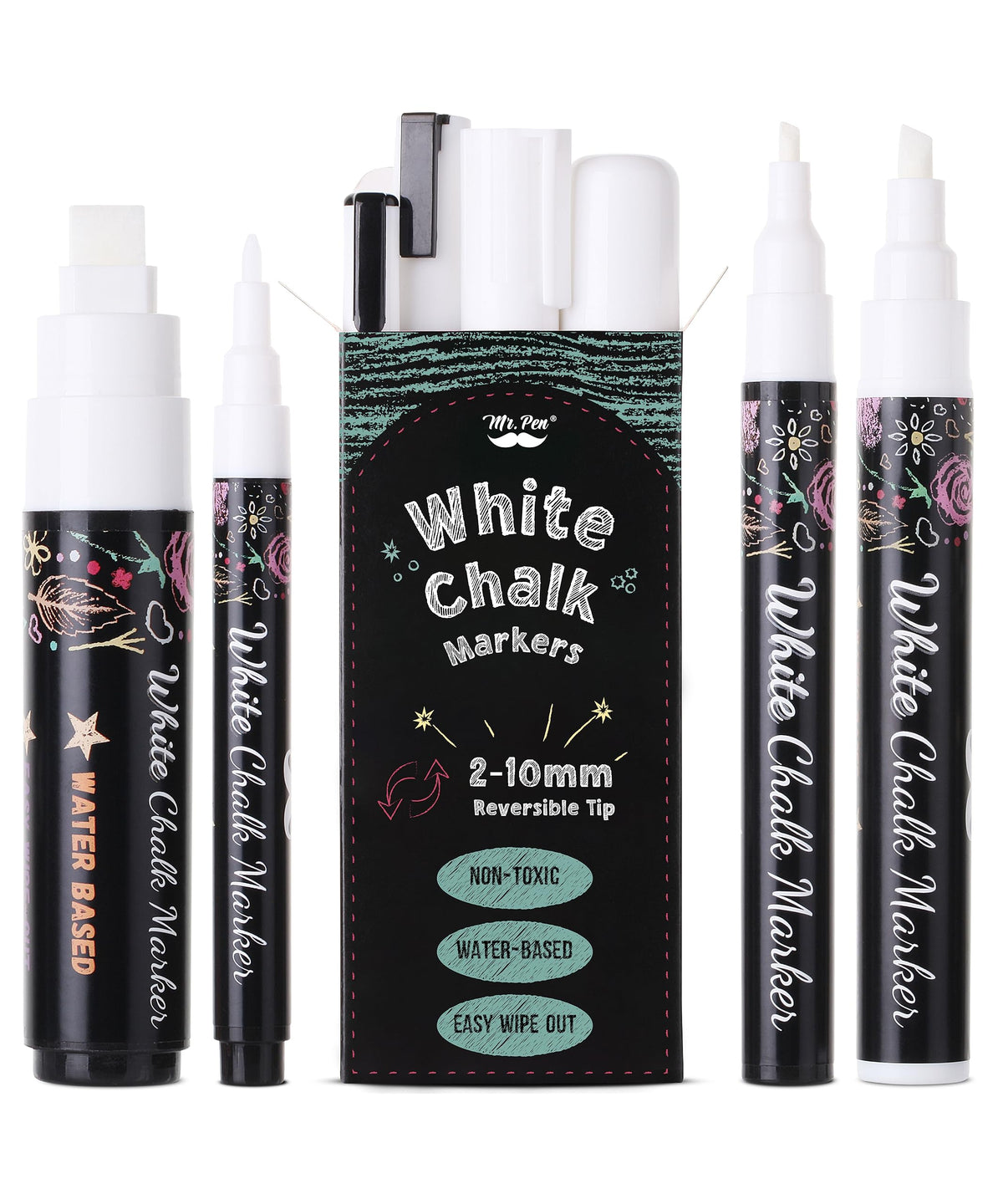 Mr. Pen- White Chalk Markers, 4 Pcs, Assorted Size, Liquid Chalk Pen For Chalkboards