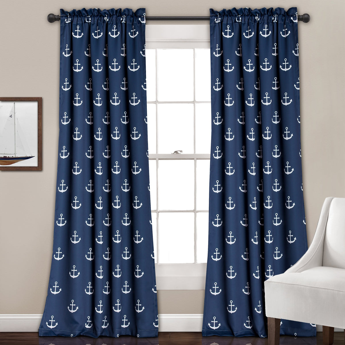 Lush Decor Darkening Window Curtain Set, Navy Anchor Print, 52' W X 84' L