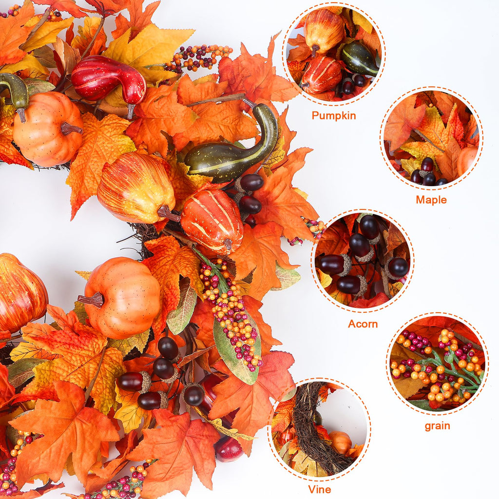 24 Inch Fall Wreath For Front Door Outside, Pumpkin Wreath With Maple, Acorn, Grain, Artificial Autumn Wreaths For Halloween Tha