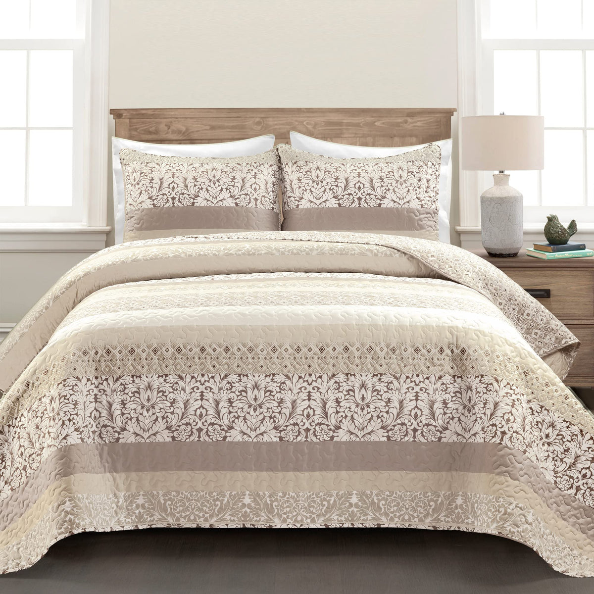 Lush Decor Boho Stripe Reversible Cotton Quilt 3-Piece Set, King, Neutral - Bold Colorful Bohemian Bedding Set