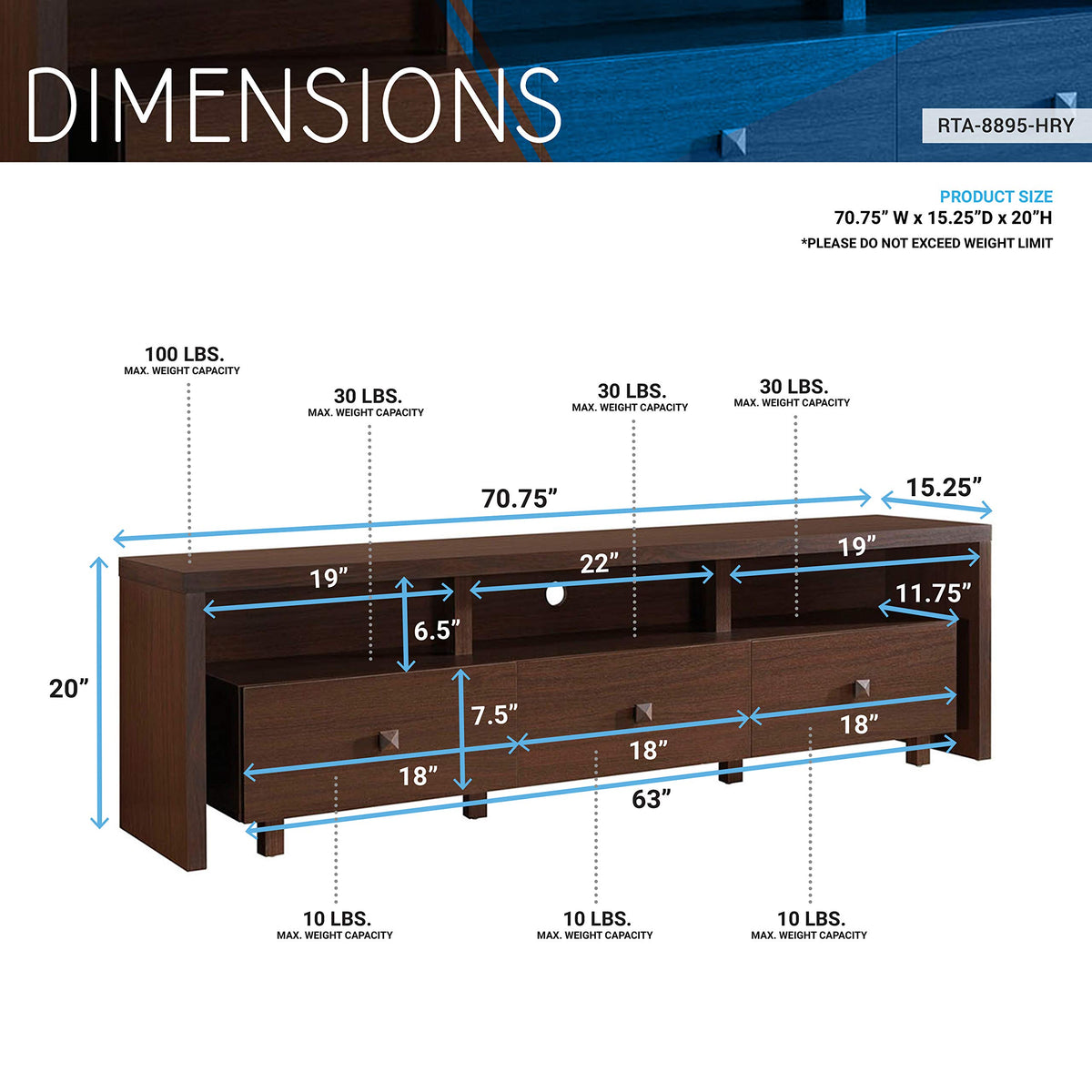 Techni Mobili Elegant 80” TV Stand with Three Cabinets and Storage, Modern Entertainment Center with Cable Management Fits Screens up to 80" When Measured Diagonally