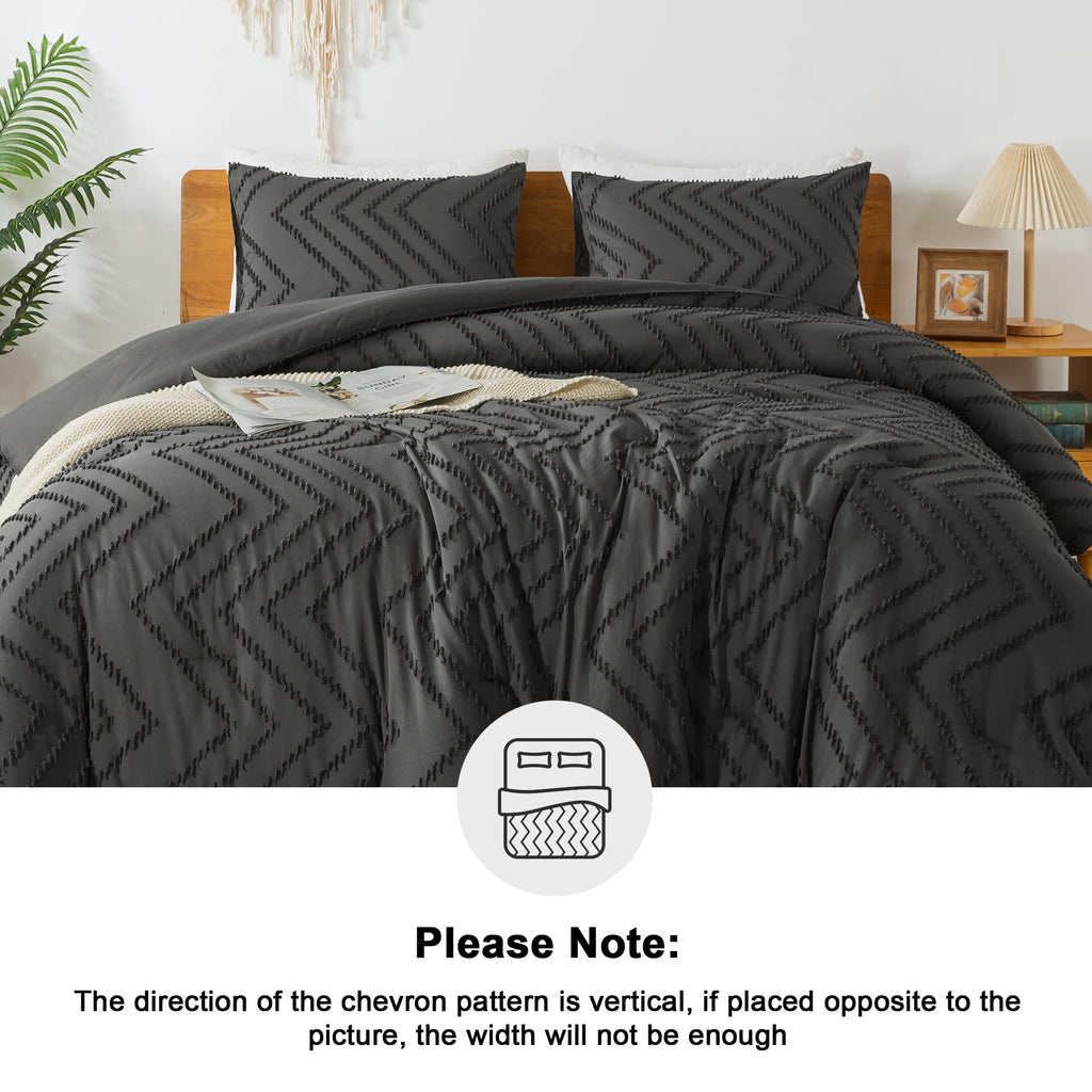 Litanika Dark Grey California King Comforter Set, 3 Pieces Cal King Oversized Chevron Tufted Boho Bedding Comforter Sets, Fluffy