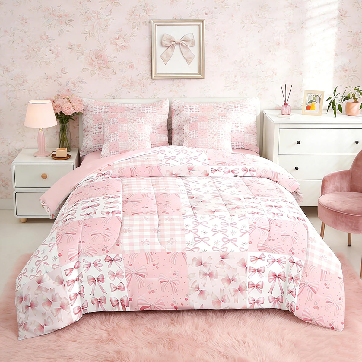 Feelyou Pink Bow Comforter Set With Sheets Twin Size Kids Bowknot Plaid 7 Pieces Bedding Set For Boys Girls Teens Gift For Girls