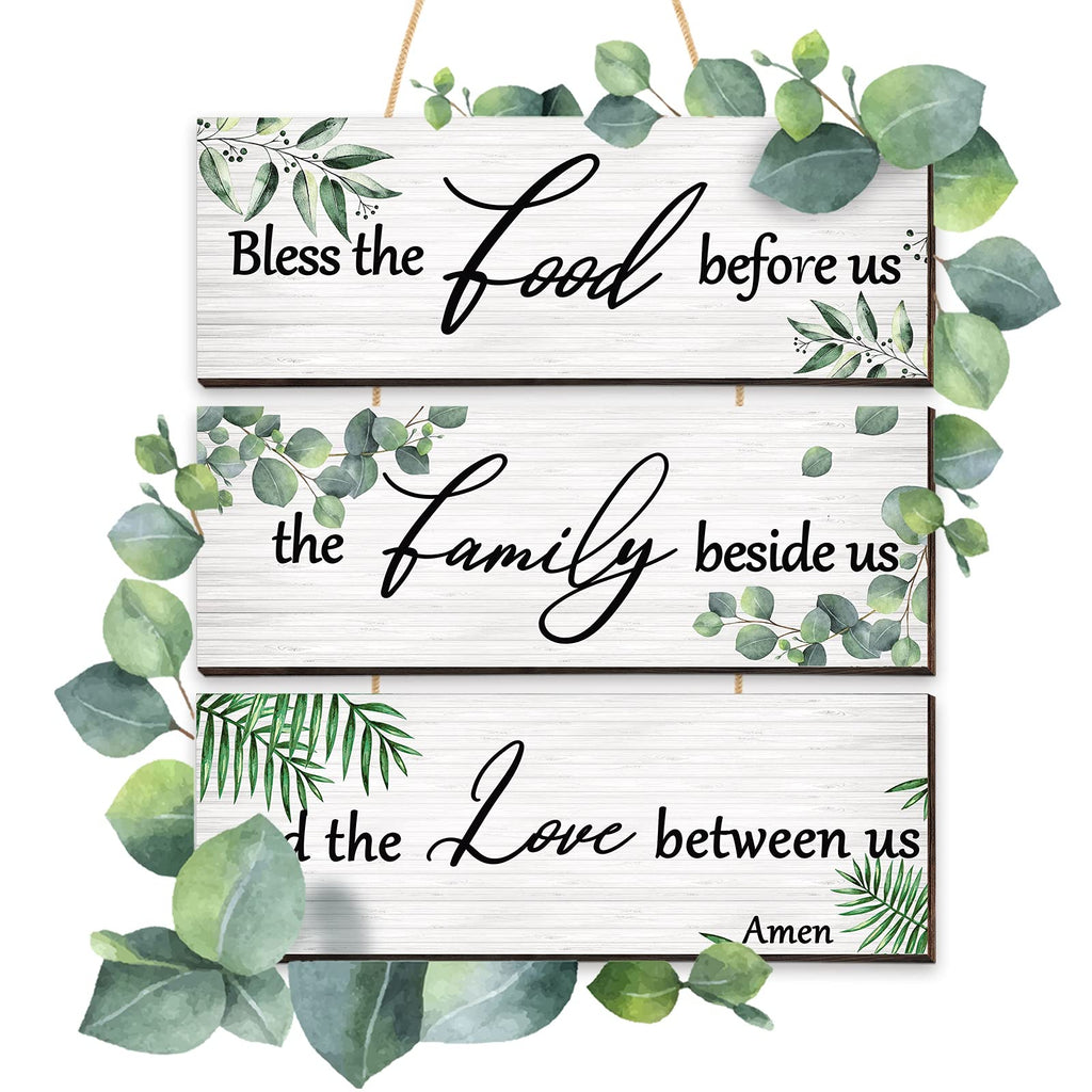 3 Pieces Eucalyptus Greenery Wooden Wall Sign Bless Family Food Love Plaque Botanical Leaf Wood Sign Green Leaves Rustic Sign Pl