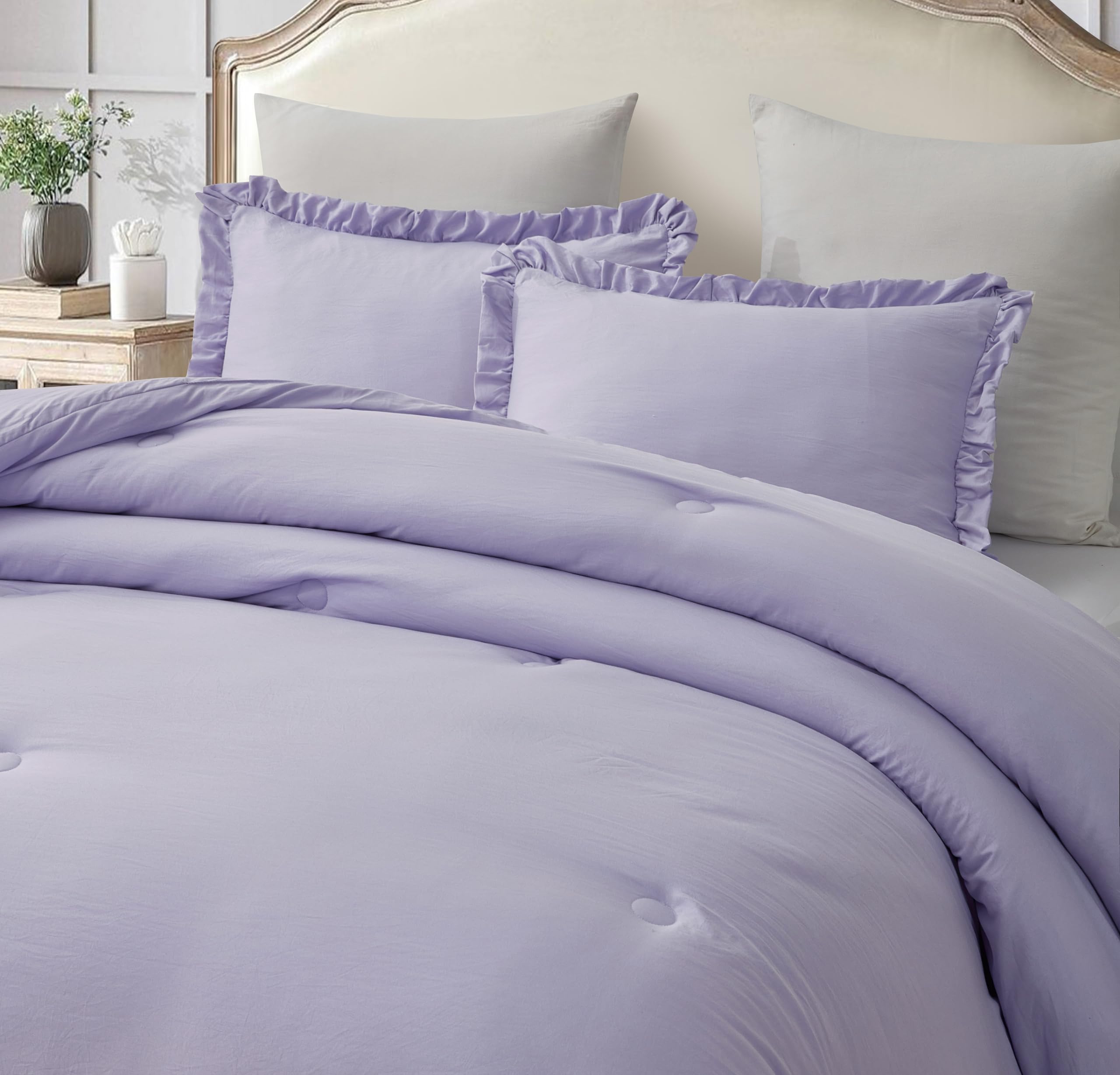 Chezmoi Collection Nora Lavender Comforter Set Twin Size 2-Piece Lightweight Soft Fluffy Ruffled Edge Trim Stone-Washed Microfib
