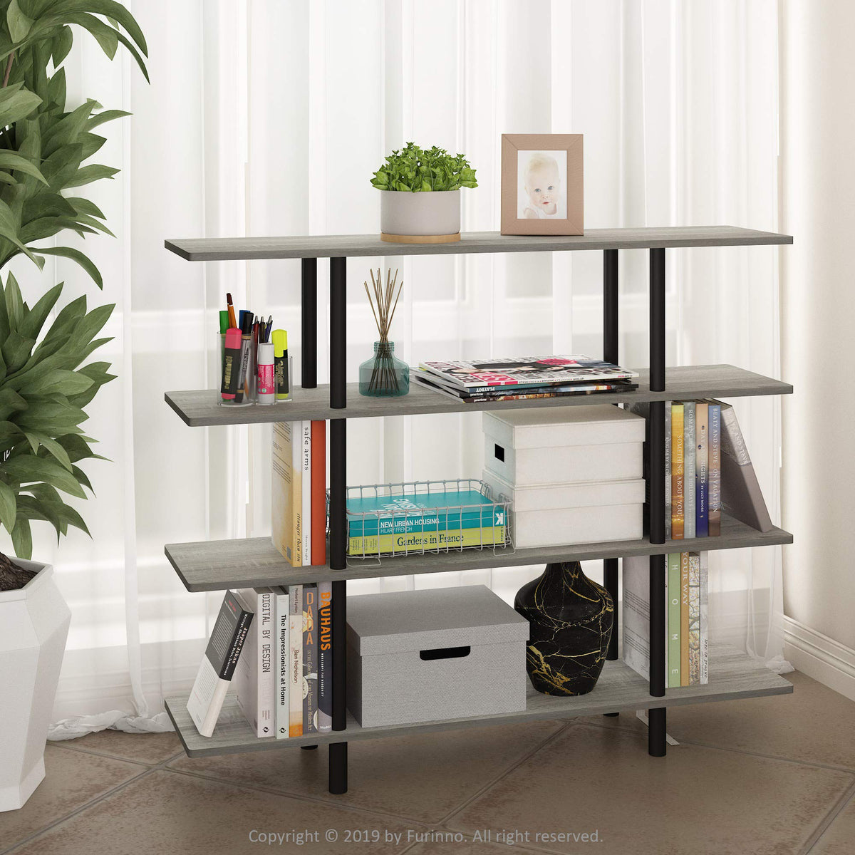 Furinno Turn-N-Tube 4-Tier Wide Display Shelf, French Oak Grey/Black