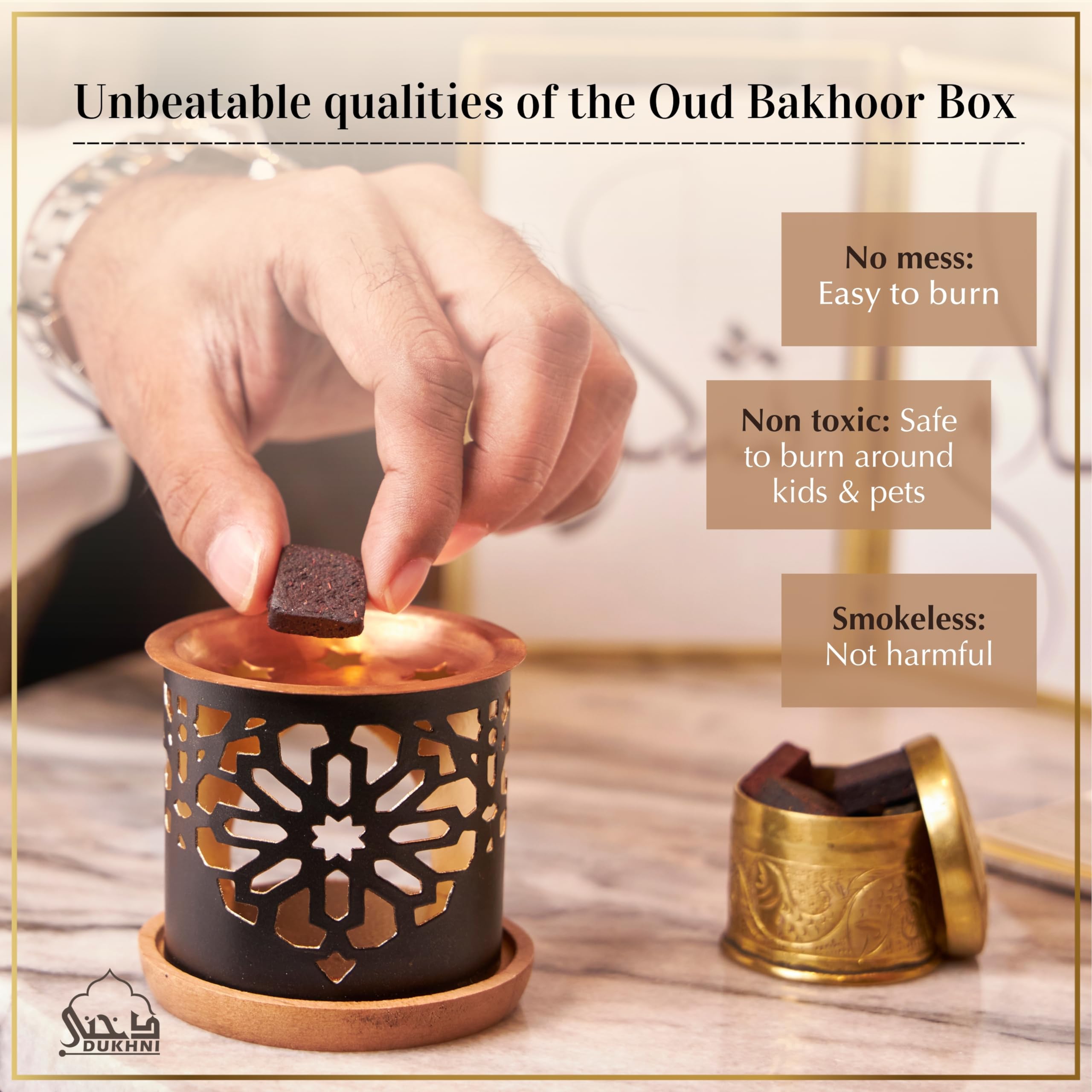 Oud Al Ibtisam Bakhoor Set By Dukhni | 2 X 9 Piece Each & Taj Bakhoor Burner | Arabic Bakhoor Incense | Warm Floral Oud Blend |