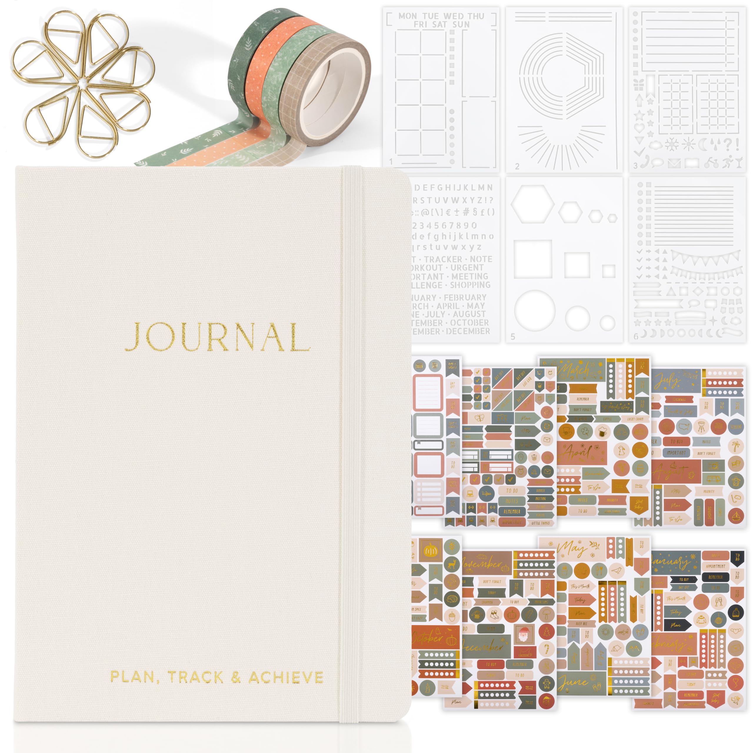 Zicoto Ultimate All-In-One Journaling Kit - Incl. Journal Notebook With Linen Hardcover And Dotted Pages, Stencils, Stickers, Wa