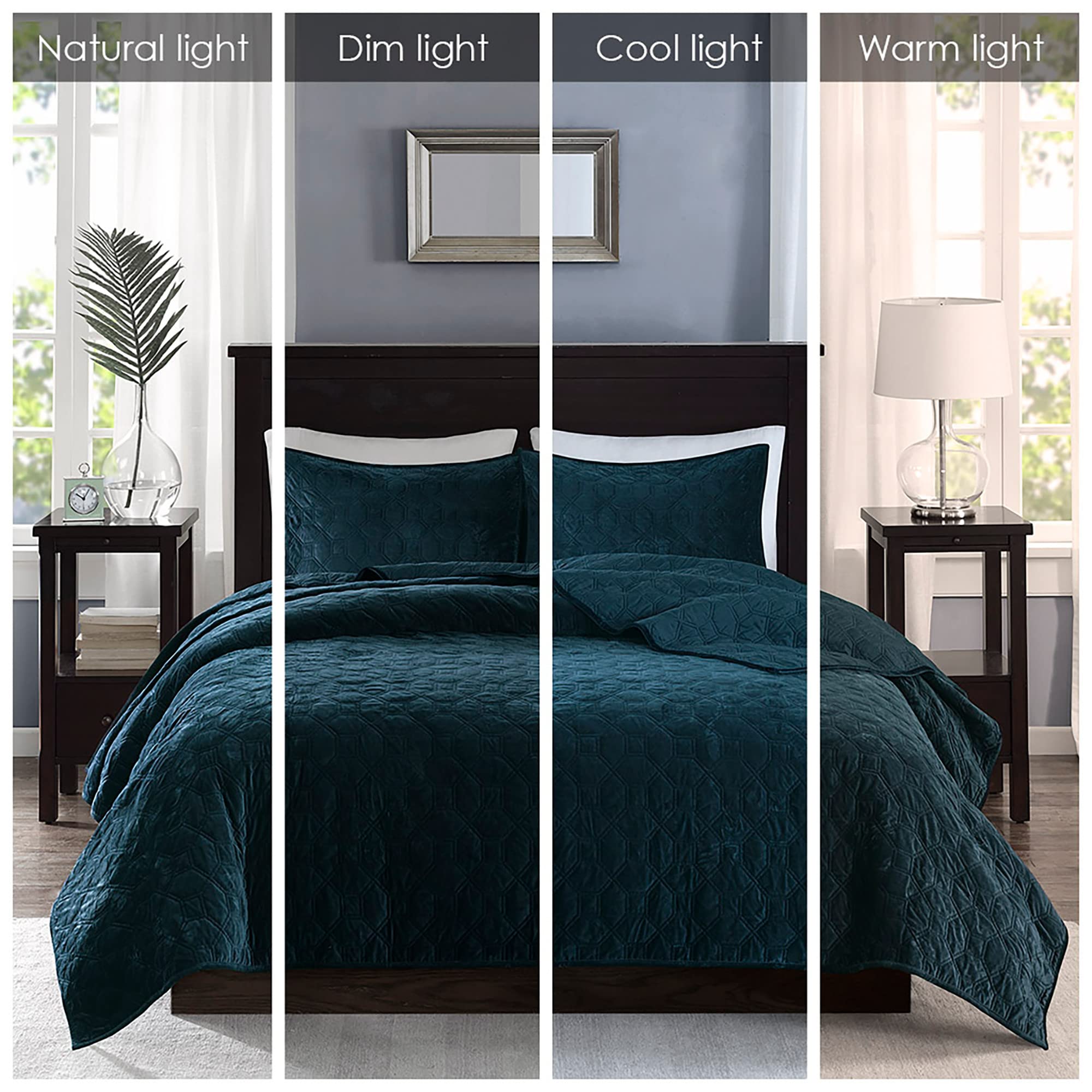 Madison Park Harper Quilt Set Velvet Casual Geometric Stitching Design All Season, Lightweight Coverlet, Cozy Bedding, Matching Shams, King/Cal King(104'X94'), Teal 3 Piece