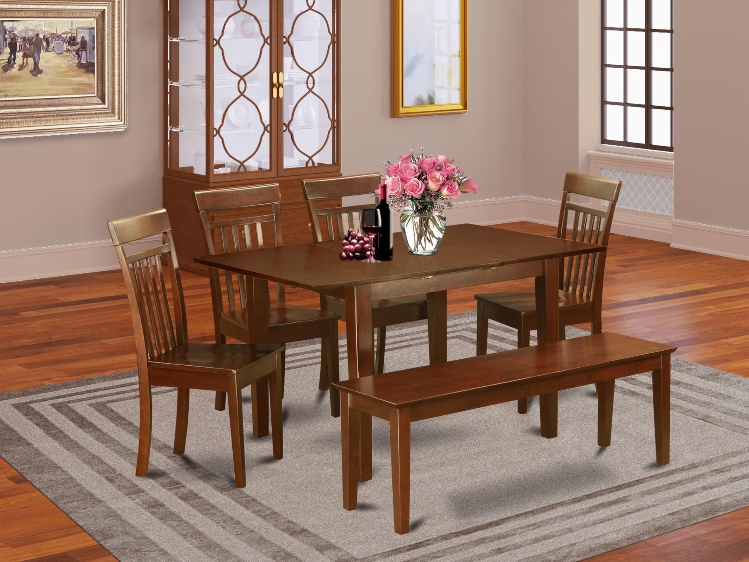 East West Furniture MLCA6-MAH-W 6 Piece Modern Dining Table Set Contains a Rectangle Wooden Table with Butterfly Leaf and 4 Dining Room Chairs with a Bench, 36x54 Inch, Mahogany