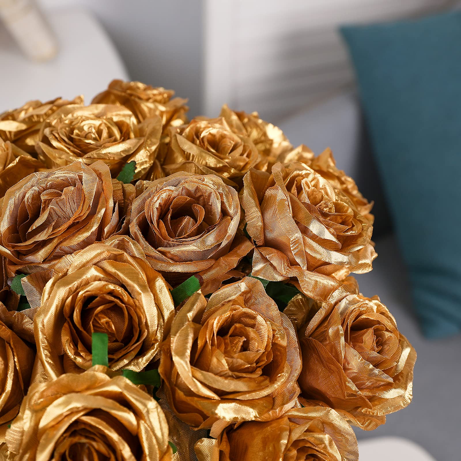 Tifuly Gold Roses Artificial Flowers -12Pcs Realistic Single Long Stem Fake Silk Roses Bouquet For Party Home Wedding Centerpiec