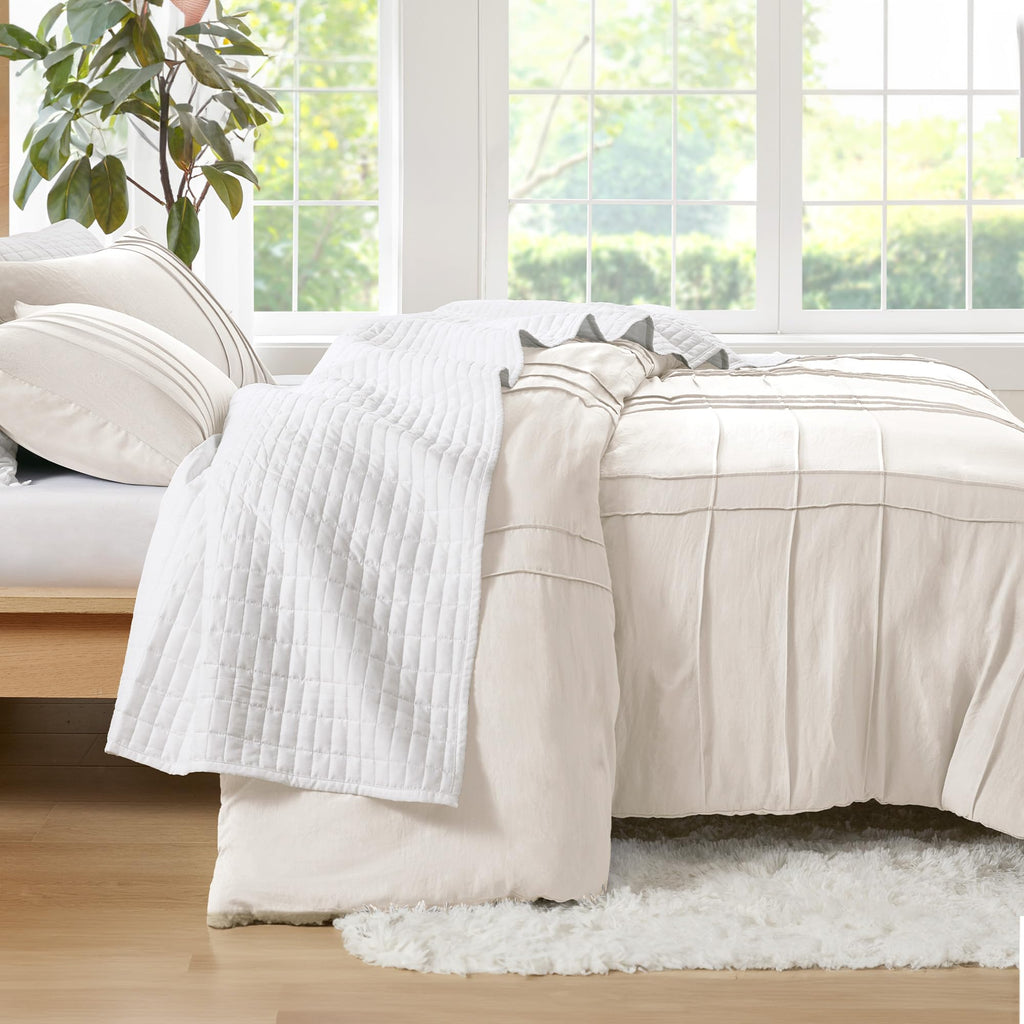 Comfort Spaces Cream King Size Duvet Cover Set - 3 Pieces Pintuck Pleated Duvet Cover King, All Season Lightweight, Extra Softness Pre-Washed Microfiber King Bedding Cover Shams, King/Cal King
