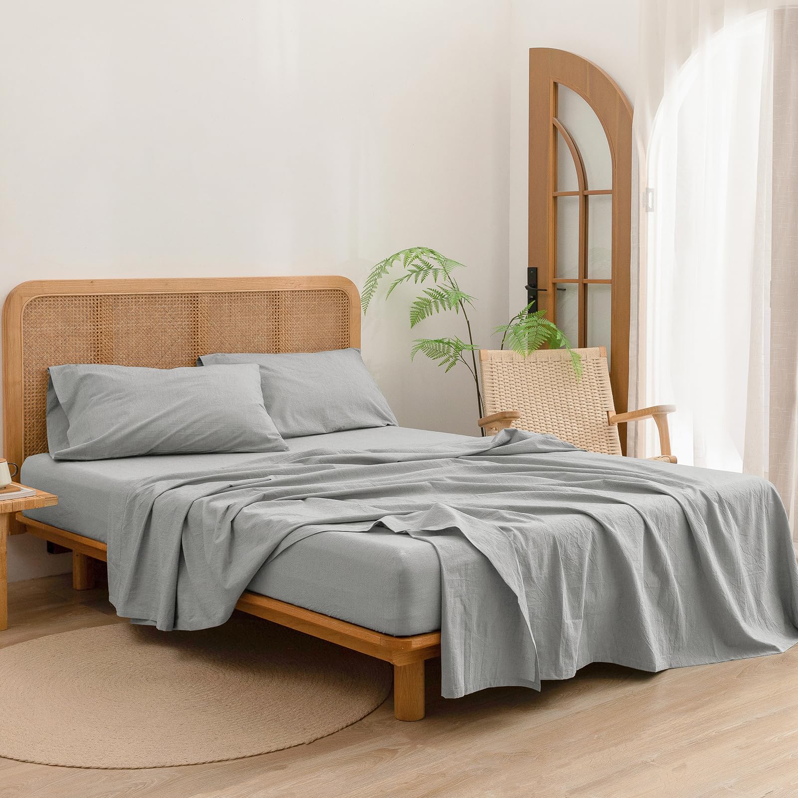 Bestouch Sheet Set 100% Washed Cotton Linen Feel Super Soft Comfortable Chic Lightweight 4 Pcs Home Bedding Set Solid Light Grey