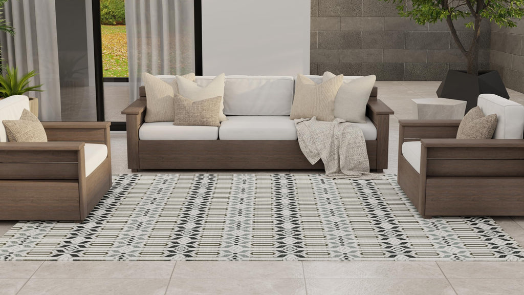 Mad Mats Geometric 5X8 Grey & White Outdoor Rug, Reversible Plastic Mat For Patio, Porch, Poolside, Mudroom, Camping, Rv, Deck