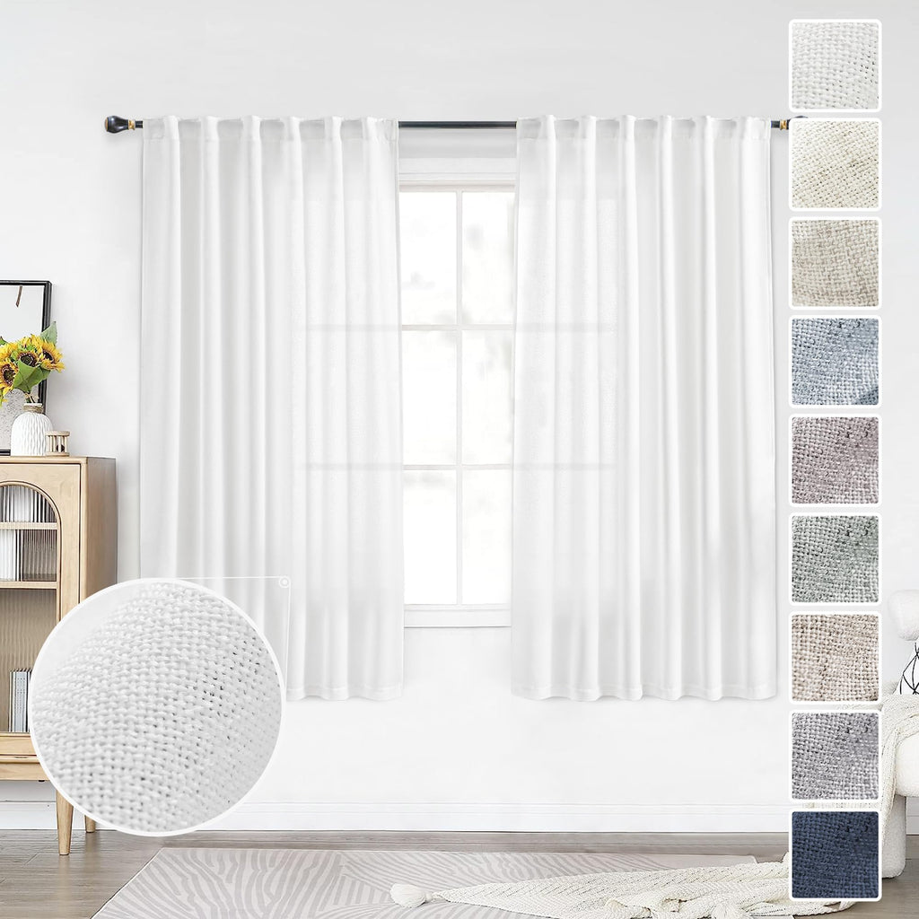 MEETBILY White Kitchen Curtains 45 Inch Length 2 Panels Set Back Tab Pocket Farmhouse Light Filtering Semi Sheer Short Linen Cur